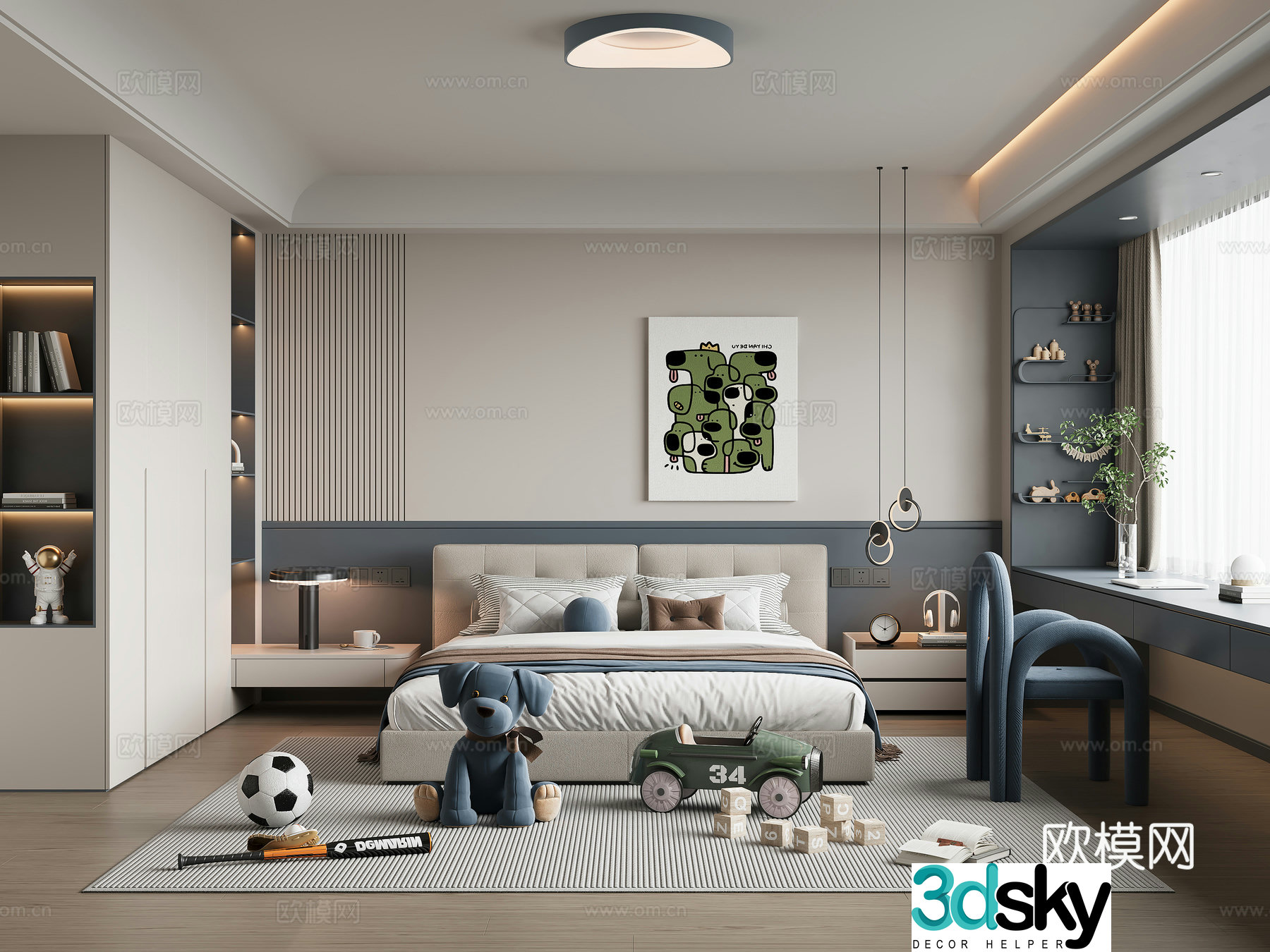 Modern boy children’s room children’s bed children’s wardrobe desk chairs painting ceiling lamp 3d model