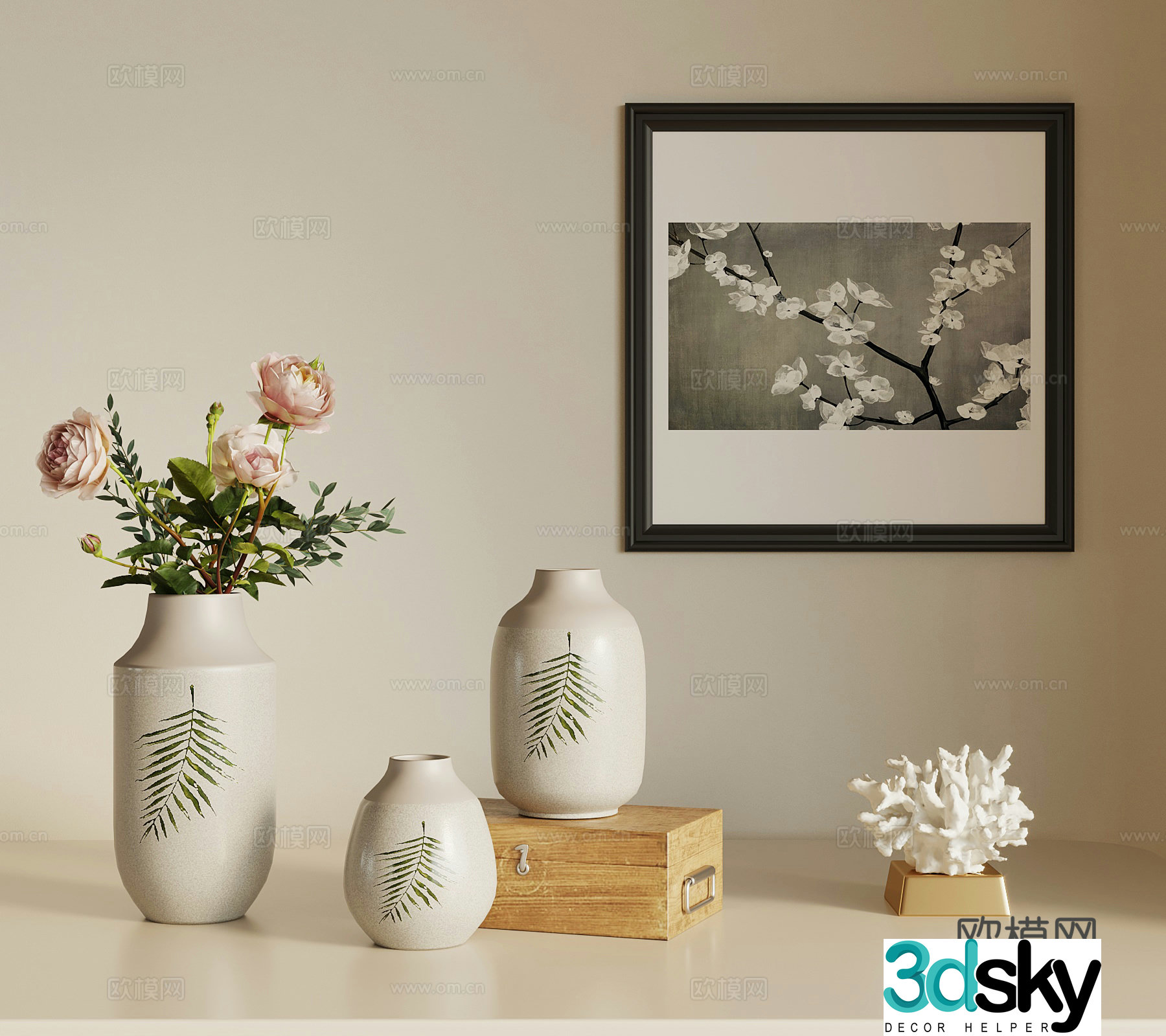 Modern green plants ornaments decorative painting 3d model