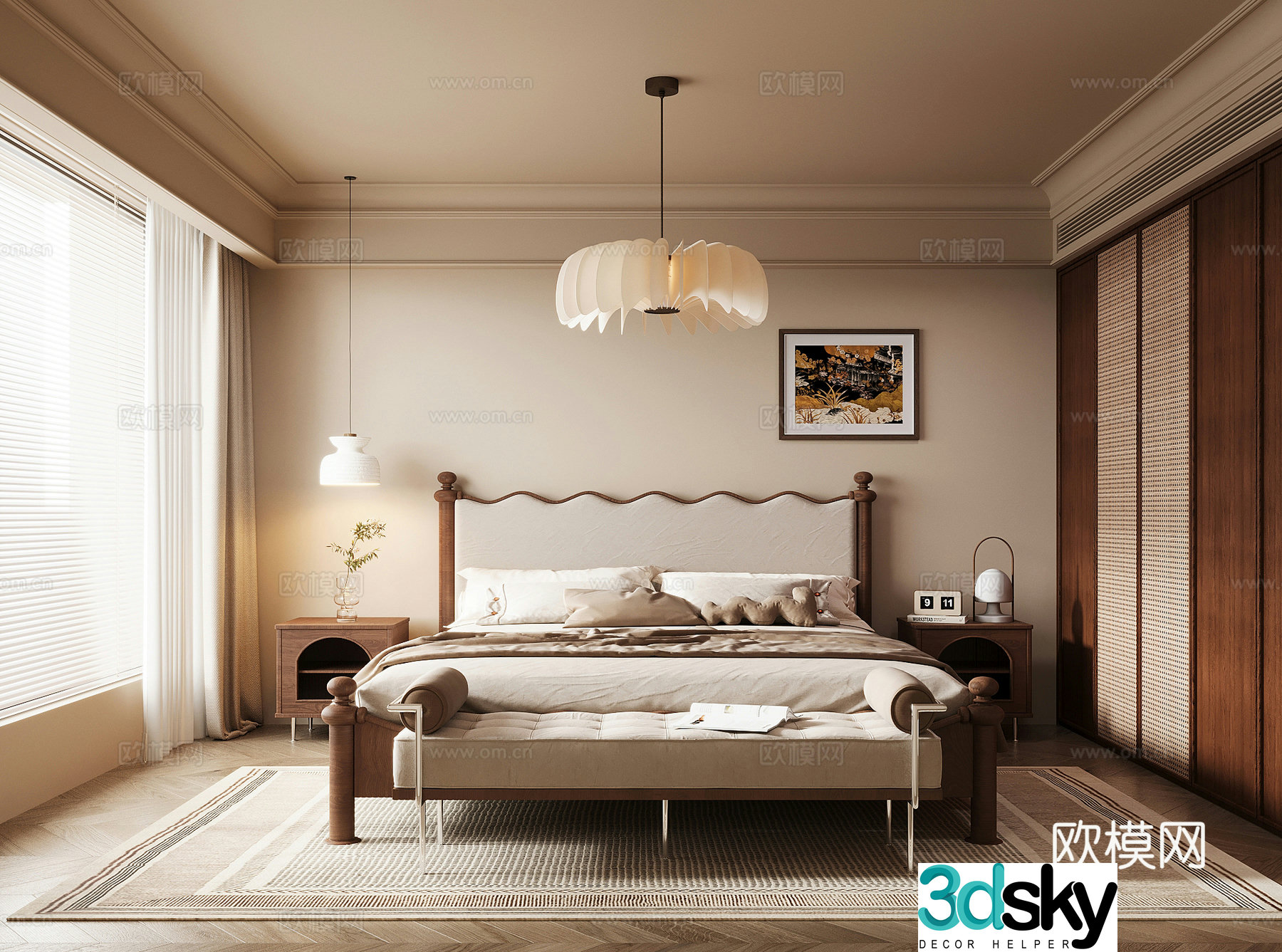 Middle style bedroom wardrobe double bed 3d model
