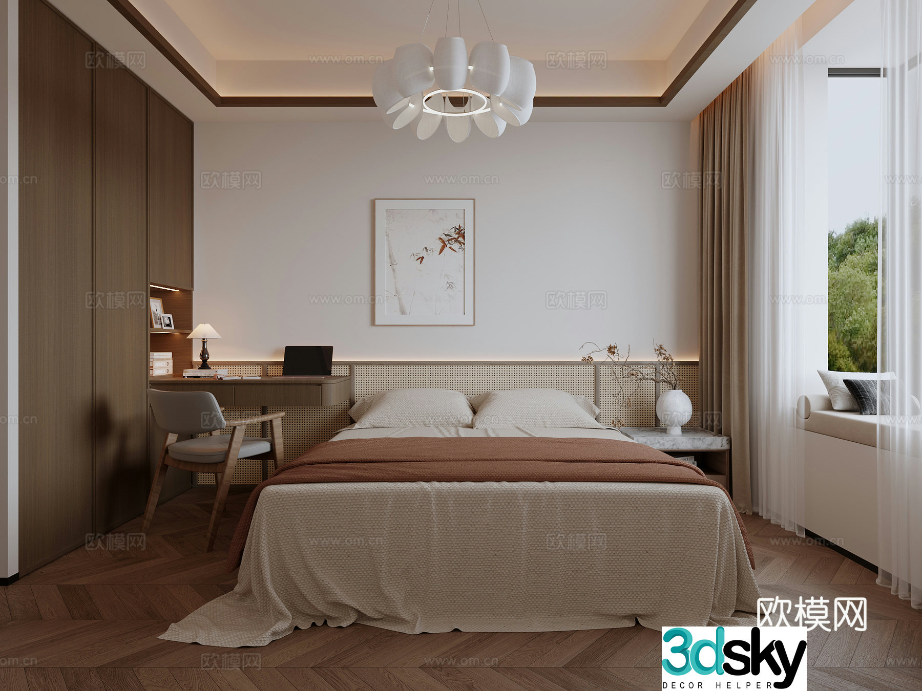 New Chinese retro style bedroom wardrobe bedside background ceiling hanging painting 3d model