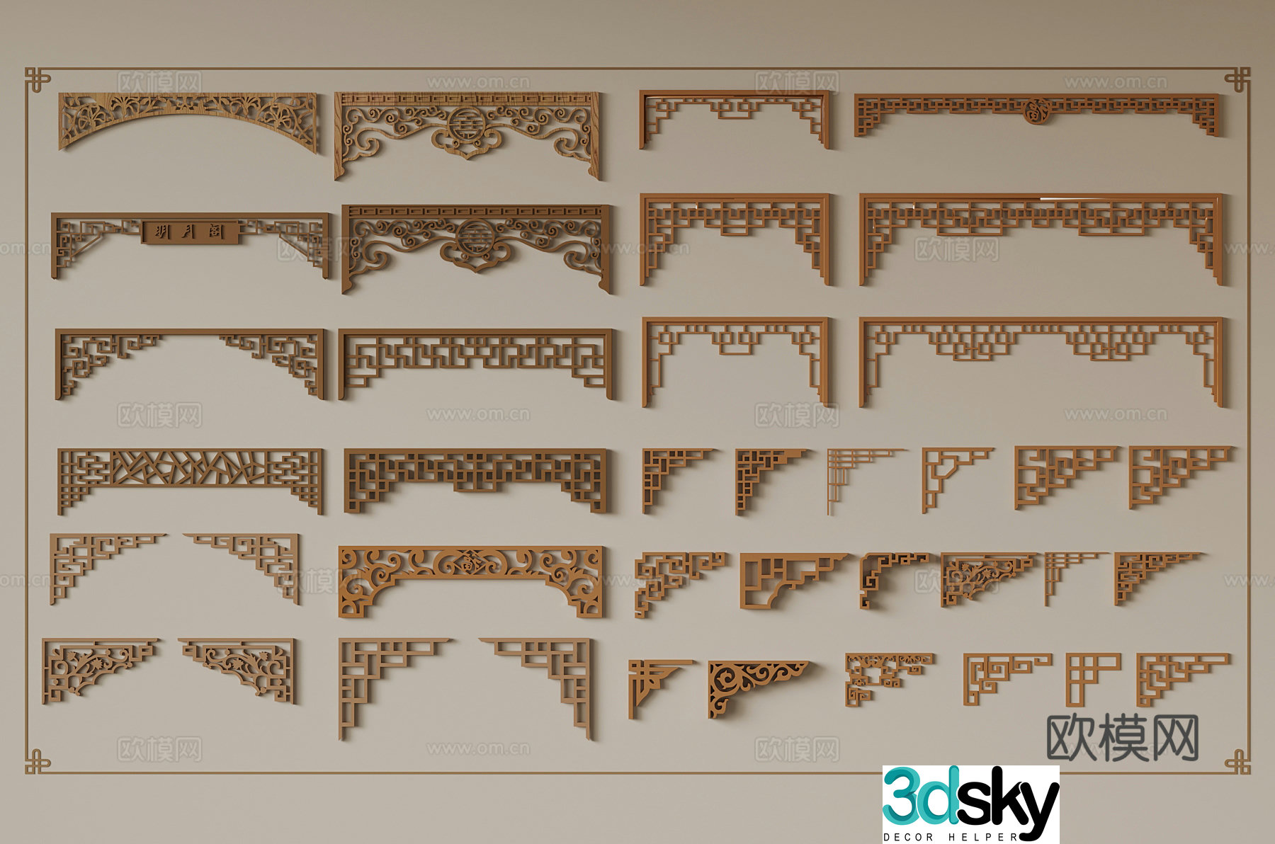 New Chinese style carving corner flower corner line hanging and falling 3D model