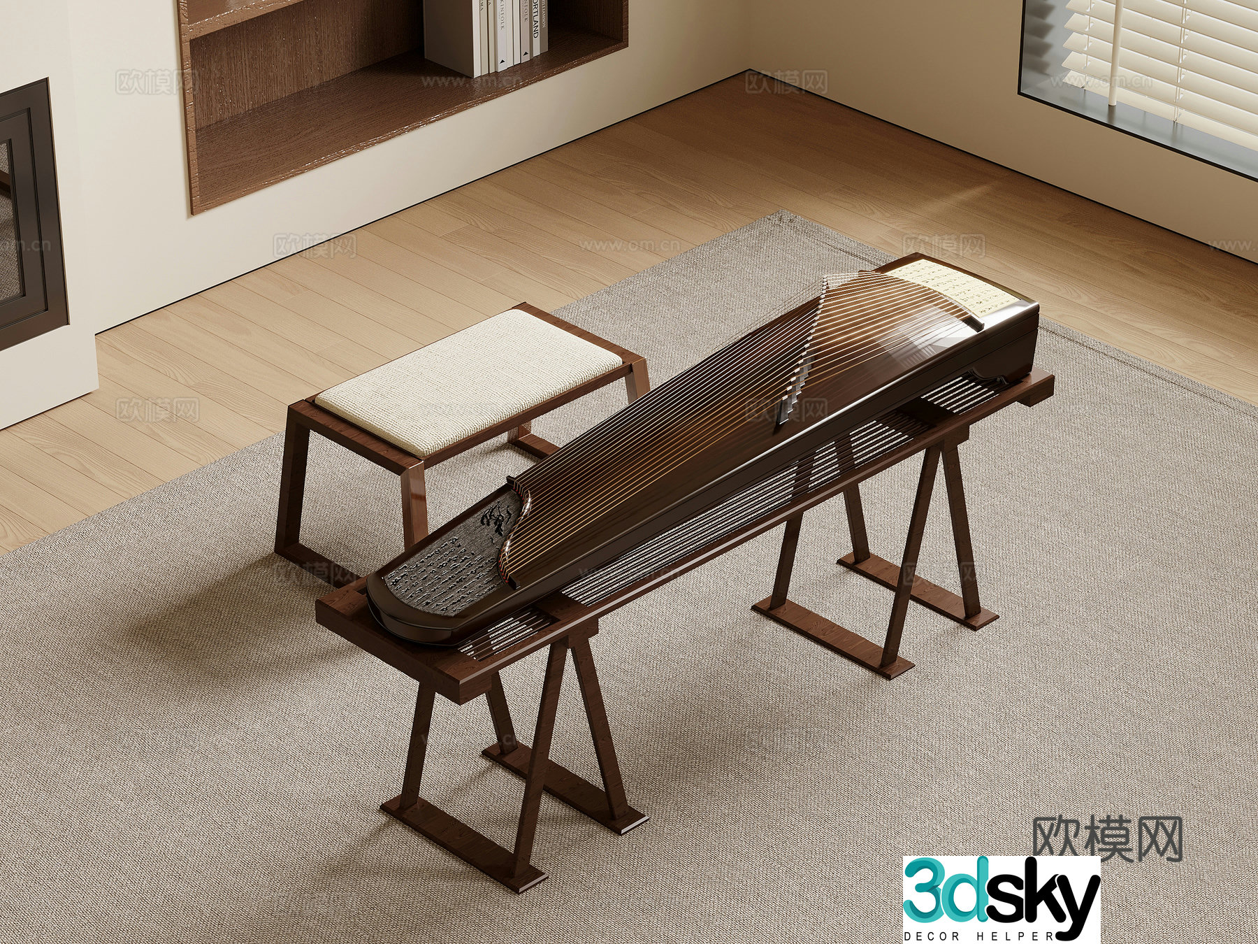 Traditional Chinese musical instruments Guzheng Guqin 3D model