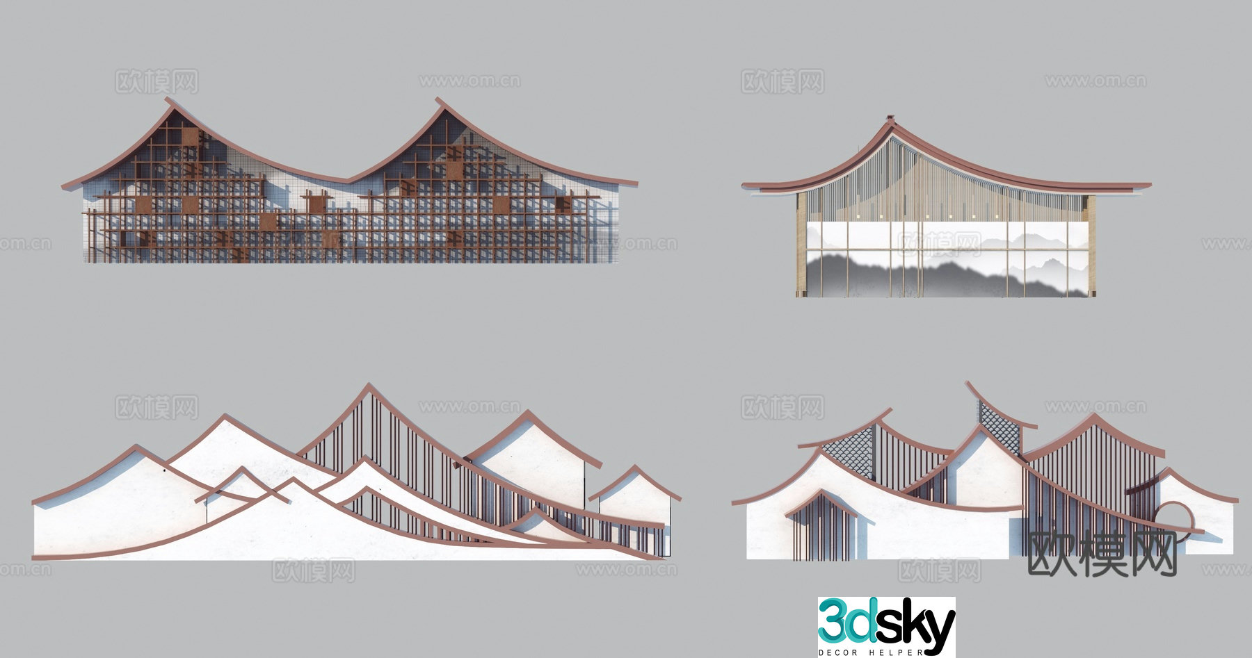 New Chinese style slope roof mountain-shaped landscape wall fence_marked wall 3D model