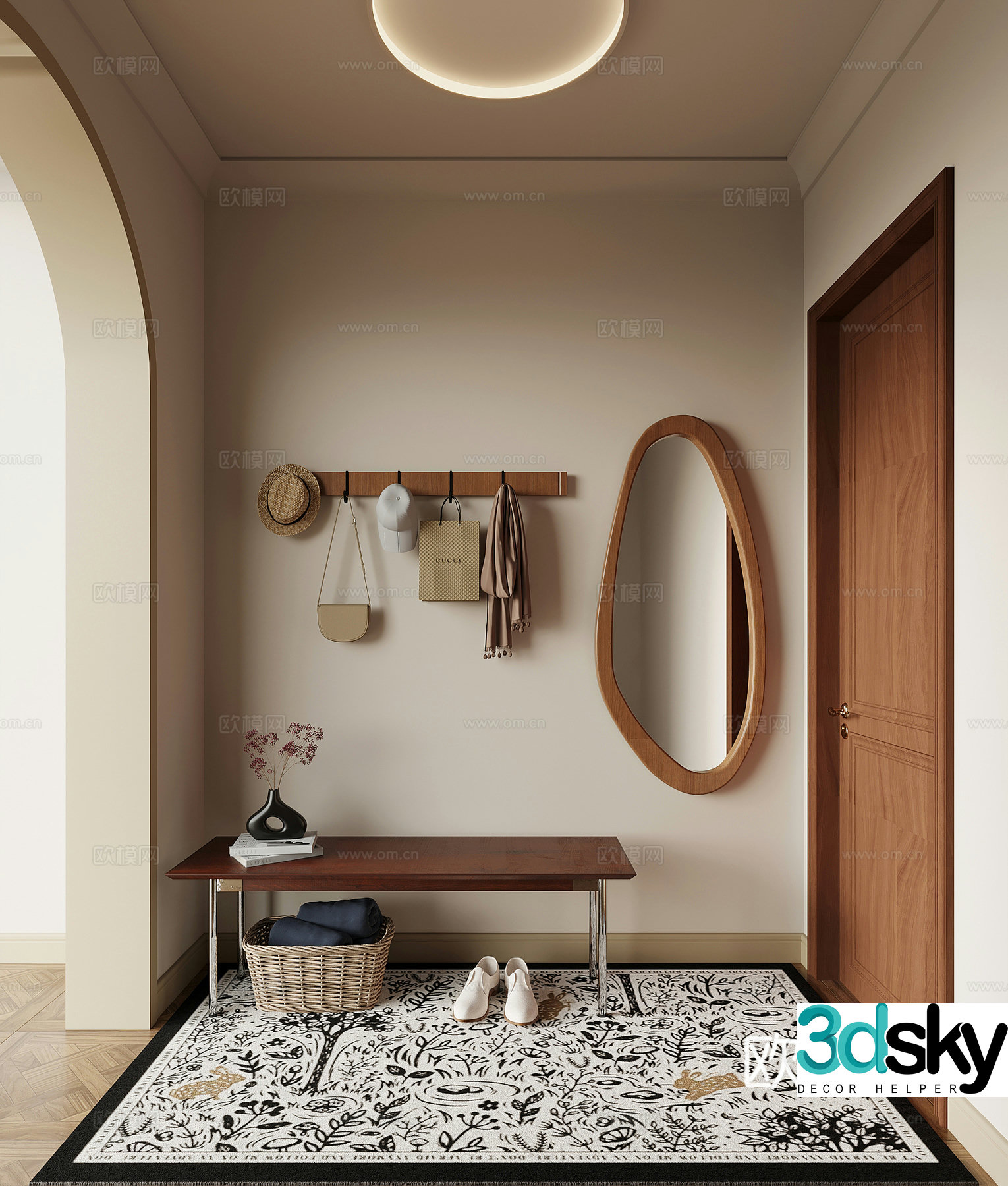 Middle-aged style entrance clothes hook shoe changing stool dressing mirror 3D model