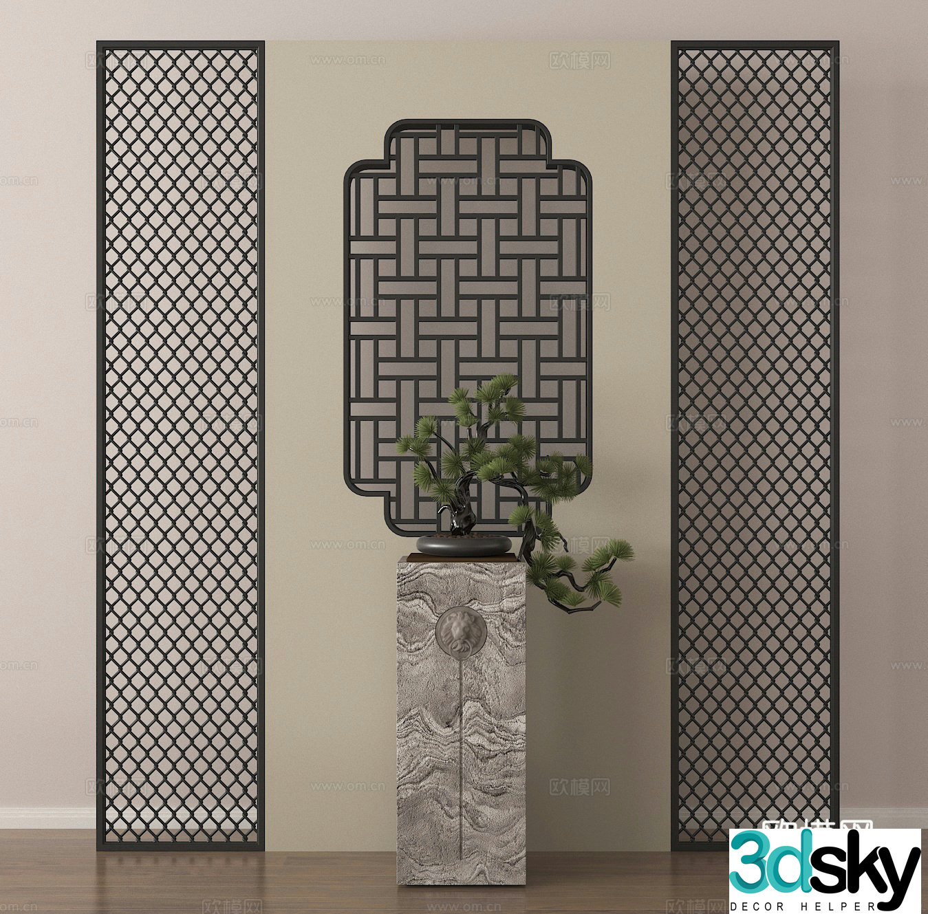 Entrance partition wooden grille flower bonsai 3d model