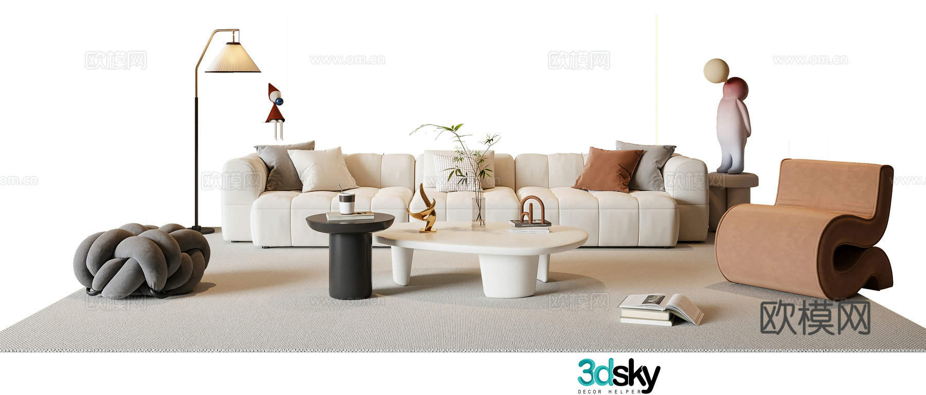 Modern cream style sofa coffee table combination fabric sofa multi-person sofa casual sofa floor lamp 3d model