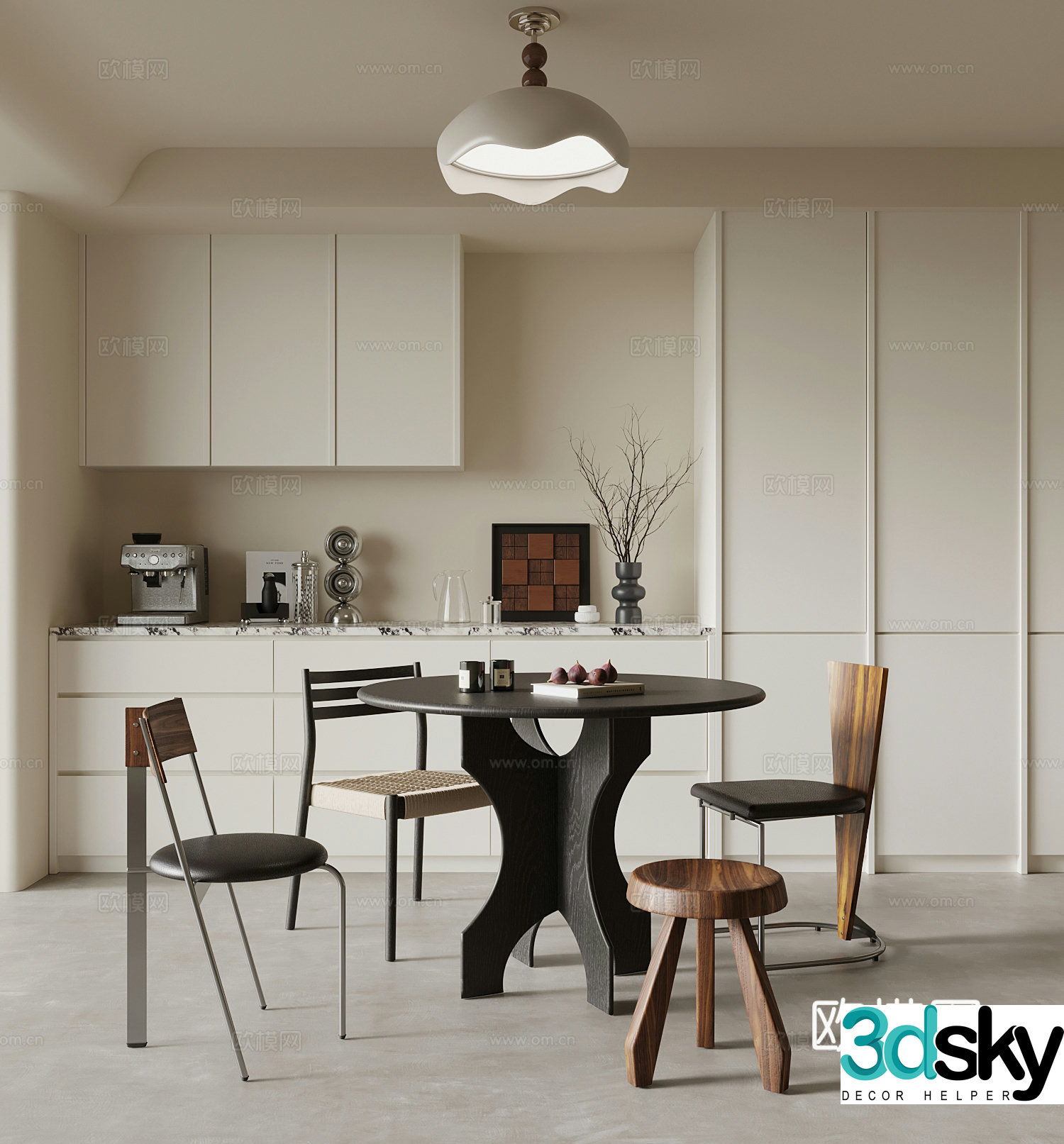Middle-aged restaurant dining table and chairs wine cabinet 3d model