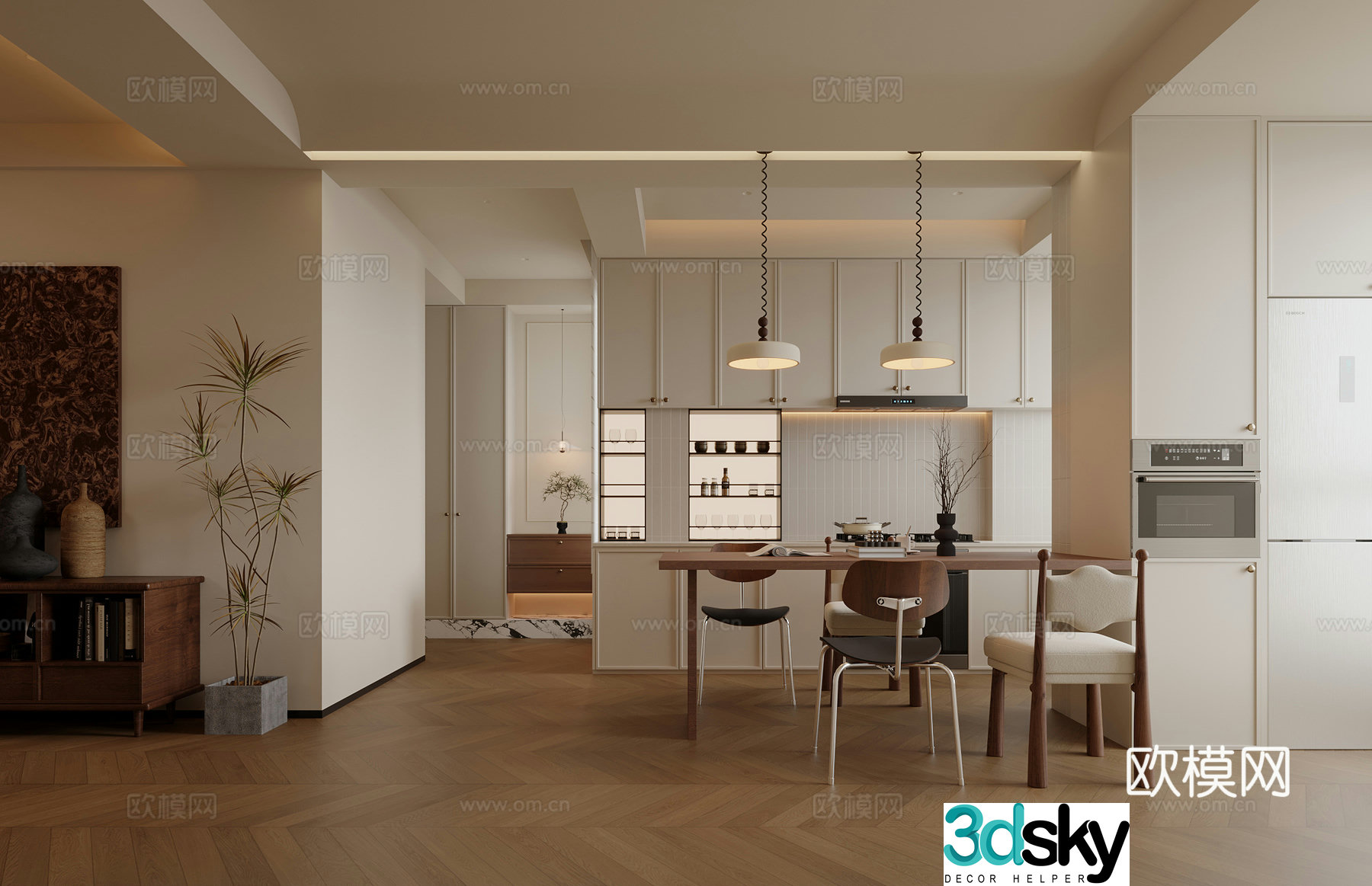 French Chinese restaurant dining table and chair combination French cream open kitchen chandeliers porch cabinet chandeliers plant 3d model