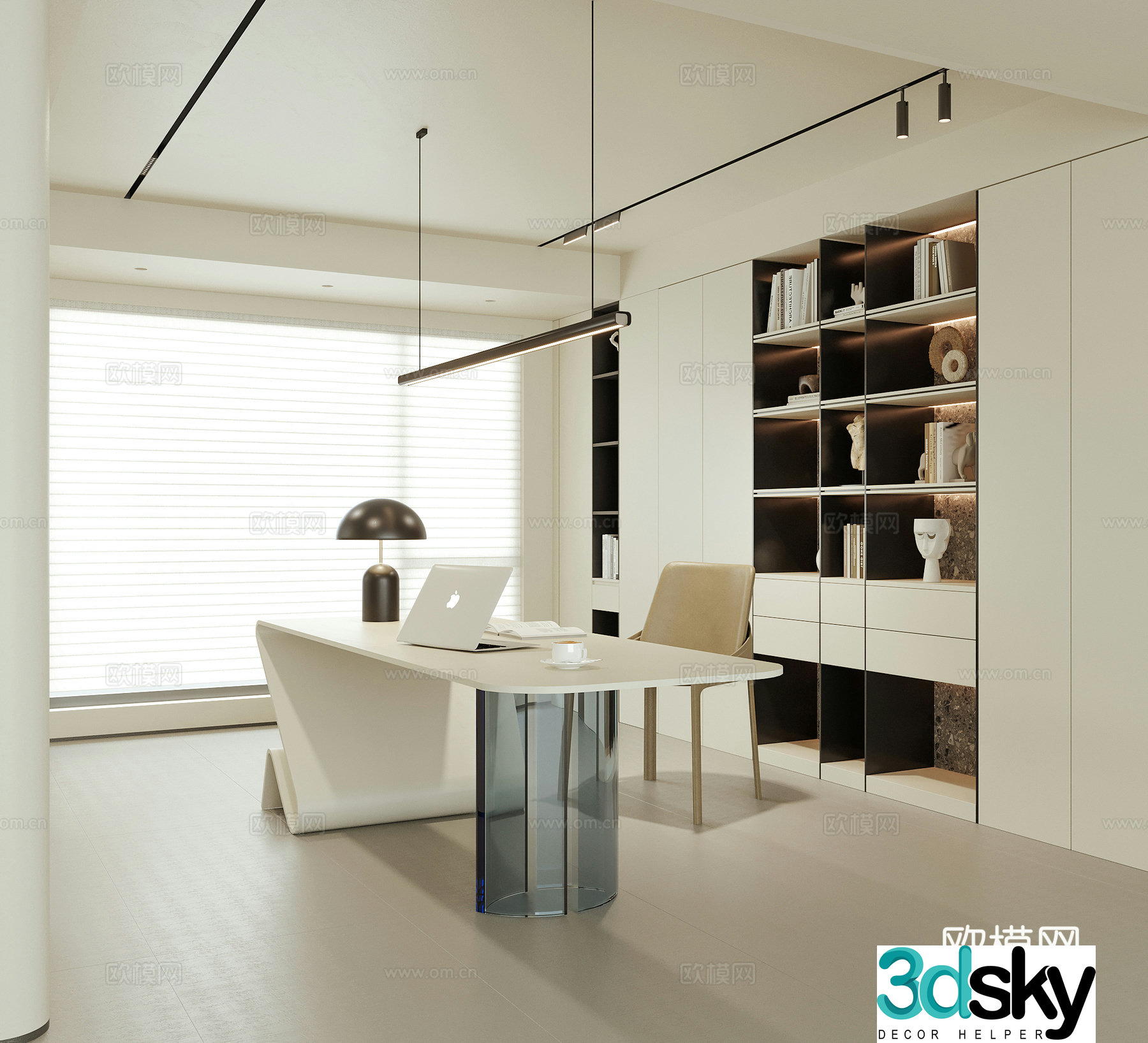 Modern study desk chair desk bookcase 3d model