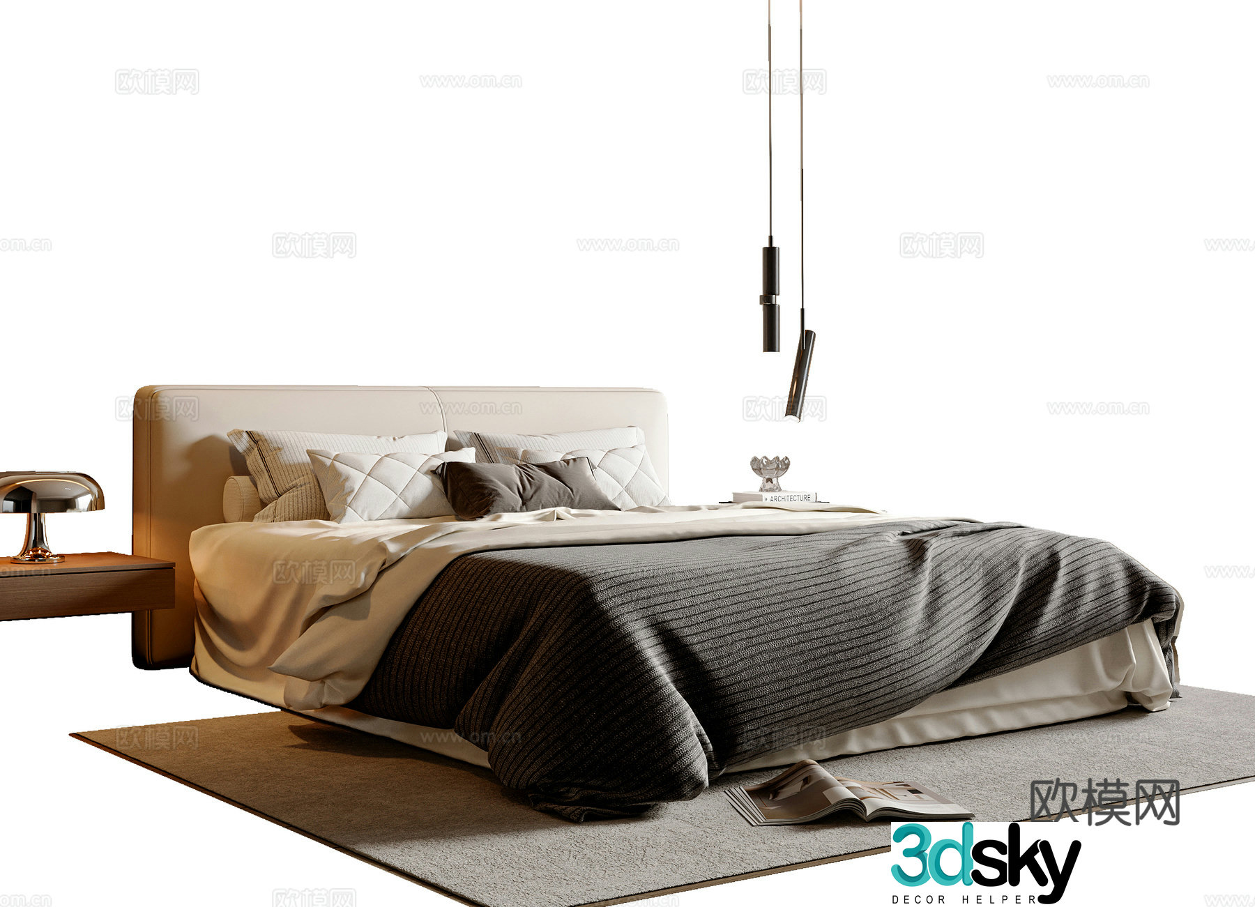 Modern simple double bed fabric double bed desk lamp chandelier 3d model