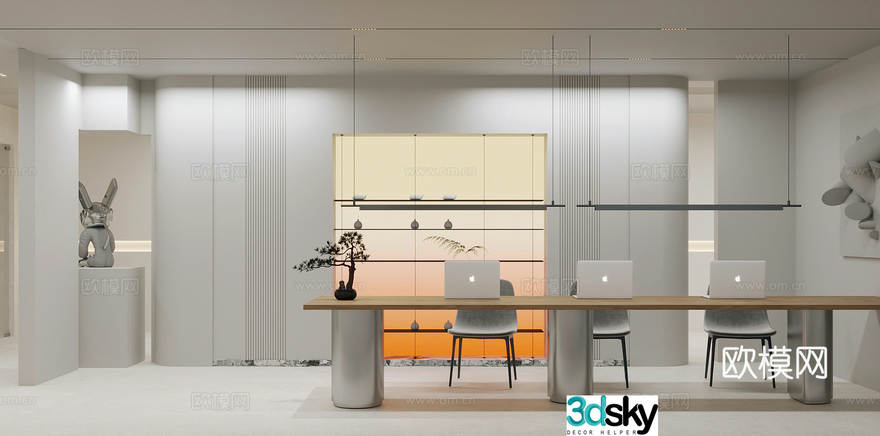 Modern office Public desk Computer Trendy toy sculpture Gradient light box Chandelier Wall decoration 3D model