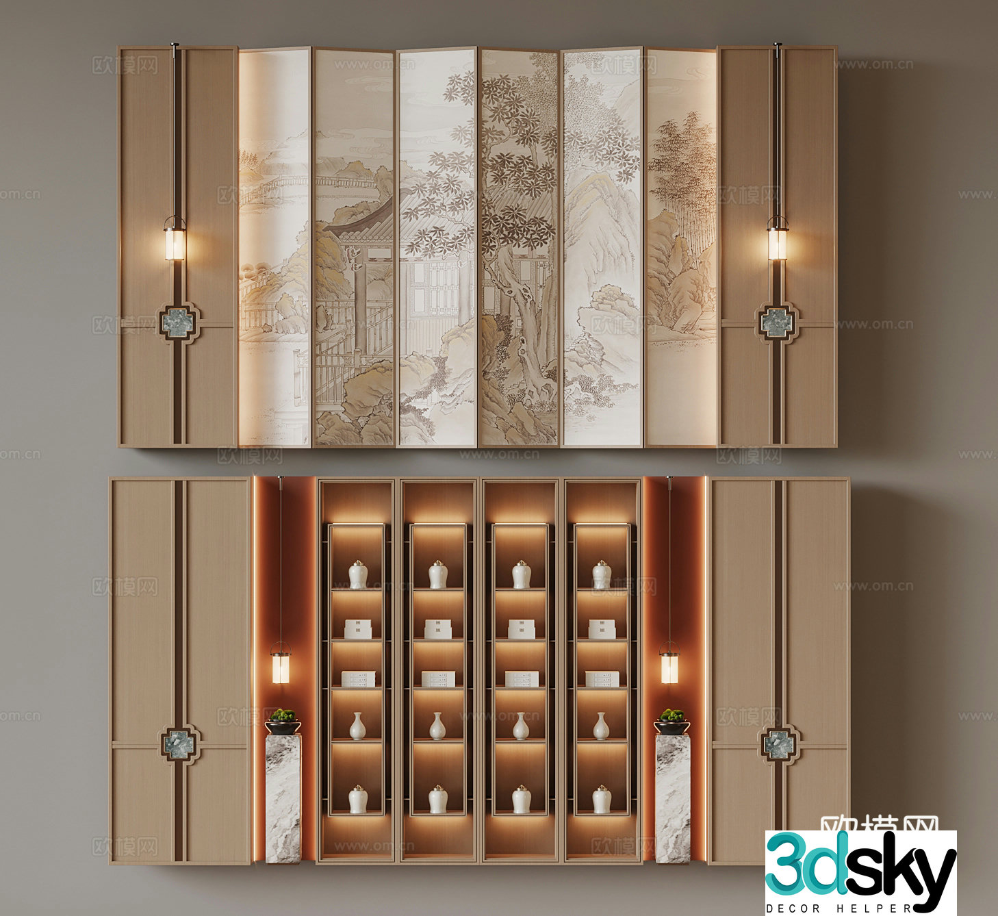 New Chinese style background wall display cabinet 3d model