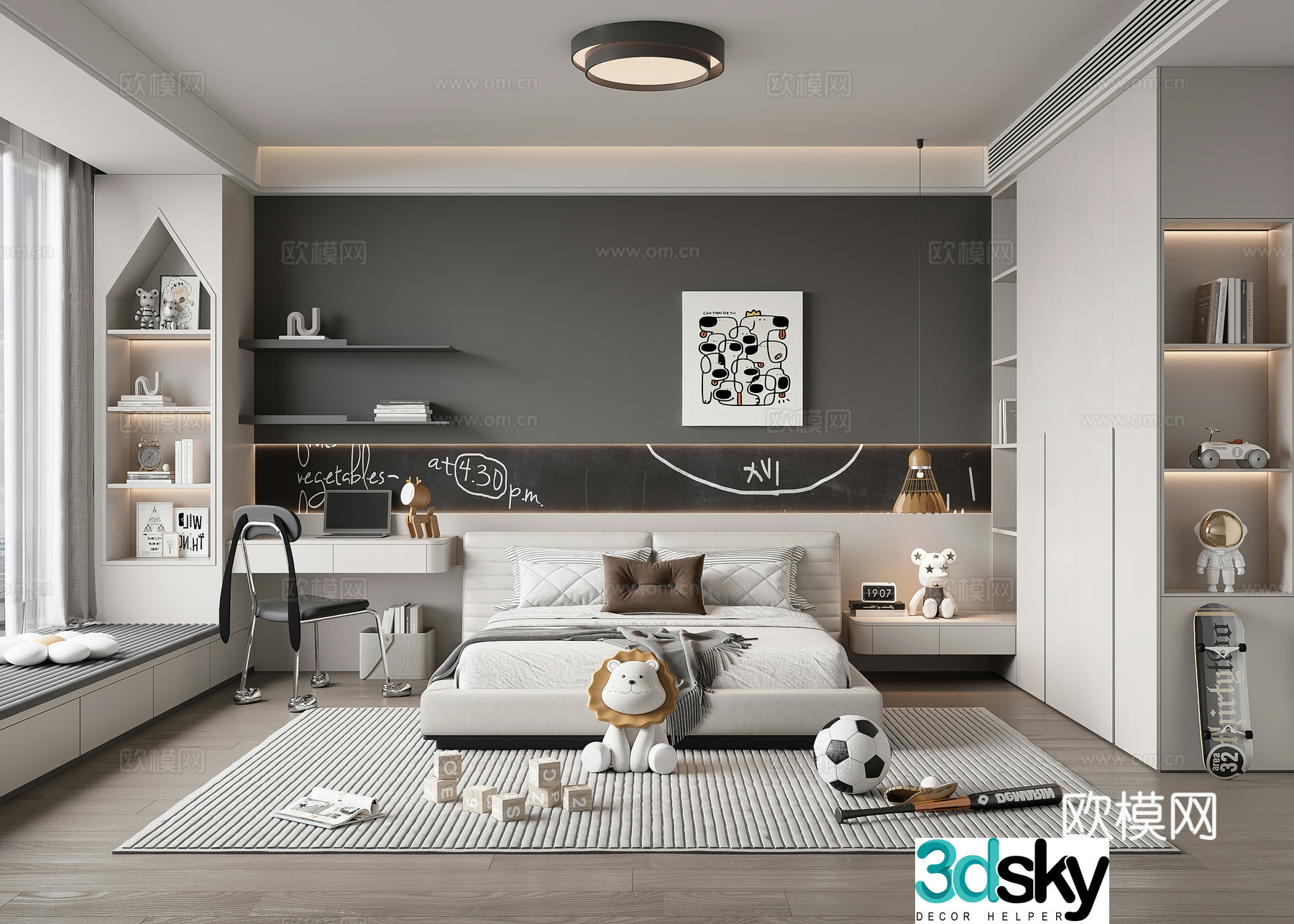 Modern boy children’s room children’s bed children’s wardrobe desk chair chandeliers ceiling lamp 3d model