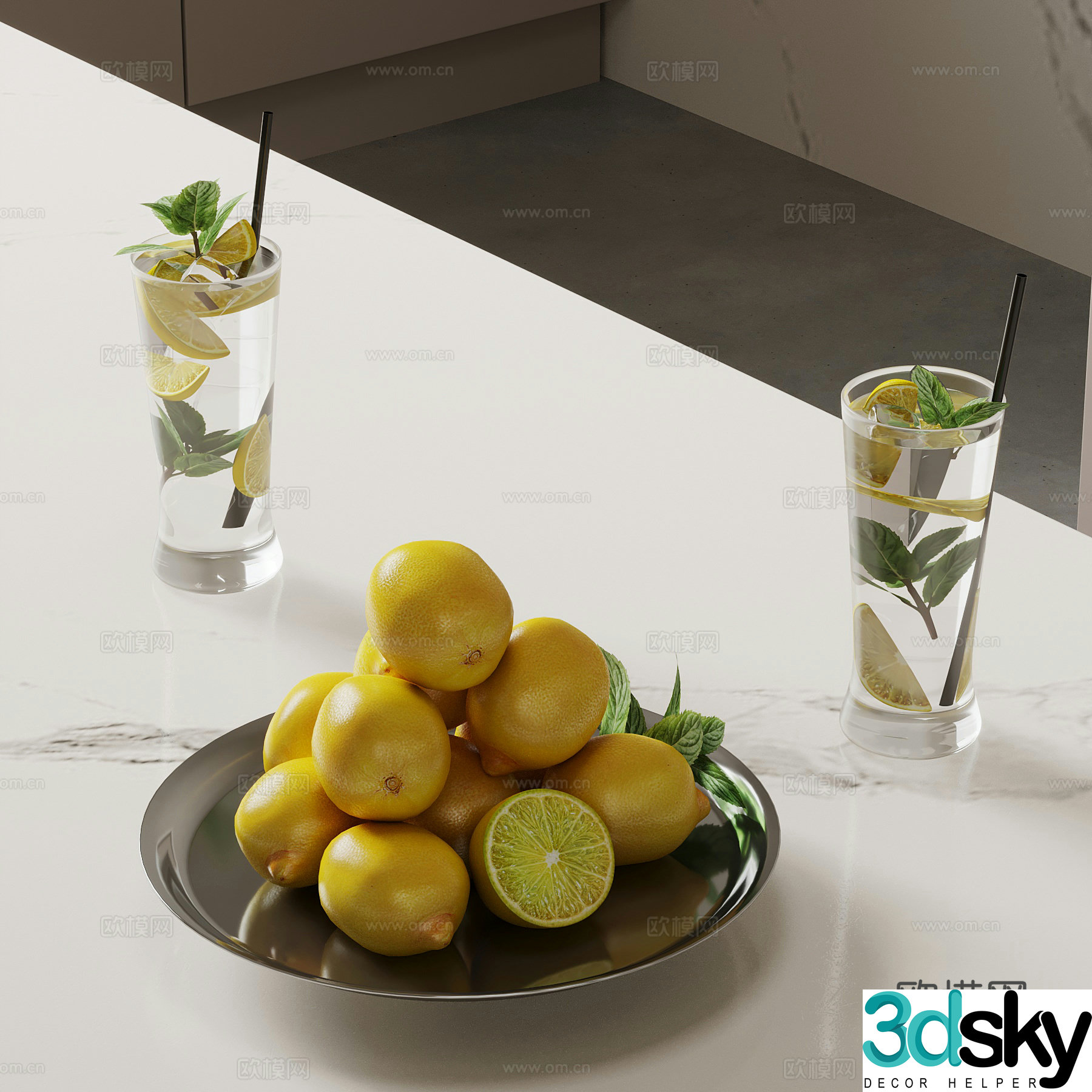 Modern fruit plate lemonade water cup 3d model