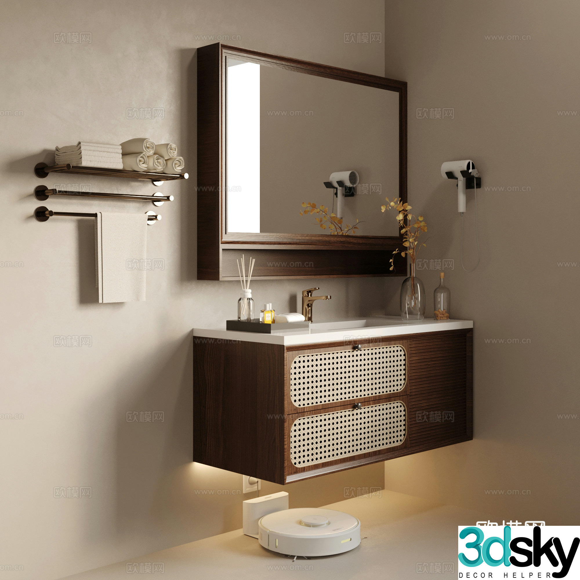 Middle-aged bathroom cabinet towel rack hair dryer 3d model