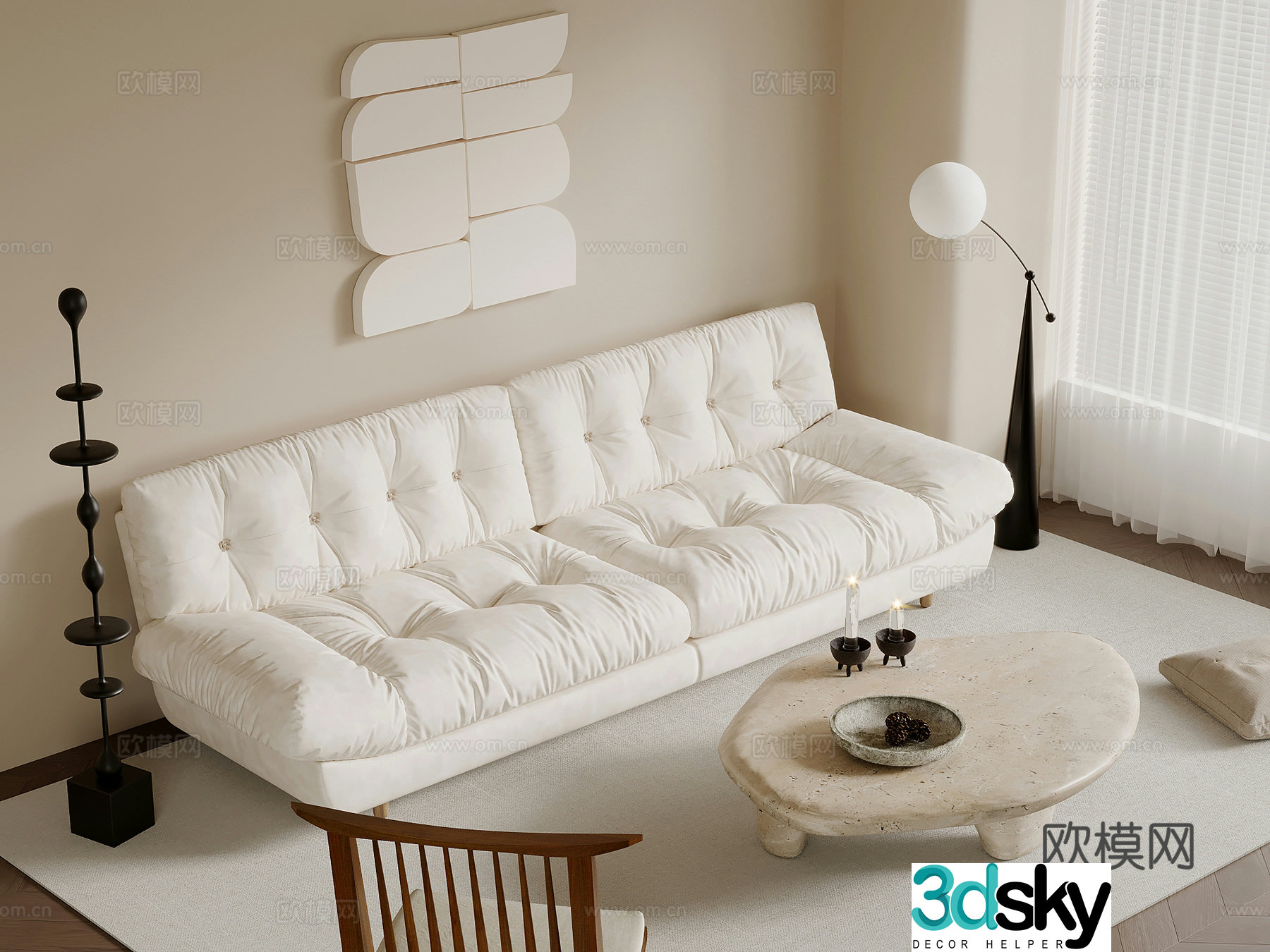 Creamy style multi-person sofa leather sofa coffee table hanging painting floor lamp 3d model