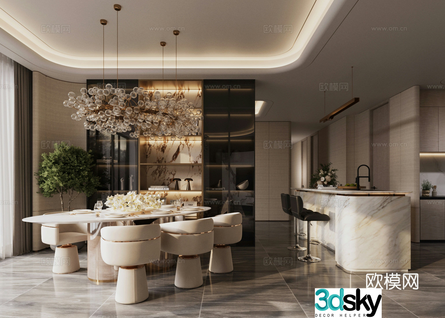 Modern home restaurant Island restaurant Round table restaurant Open restaurant Own light restaurant 3d model