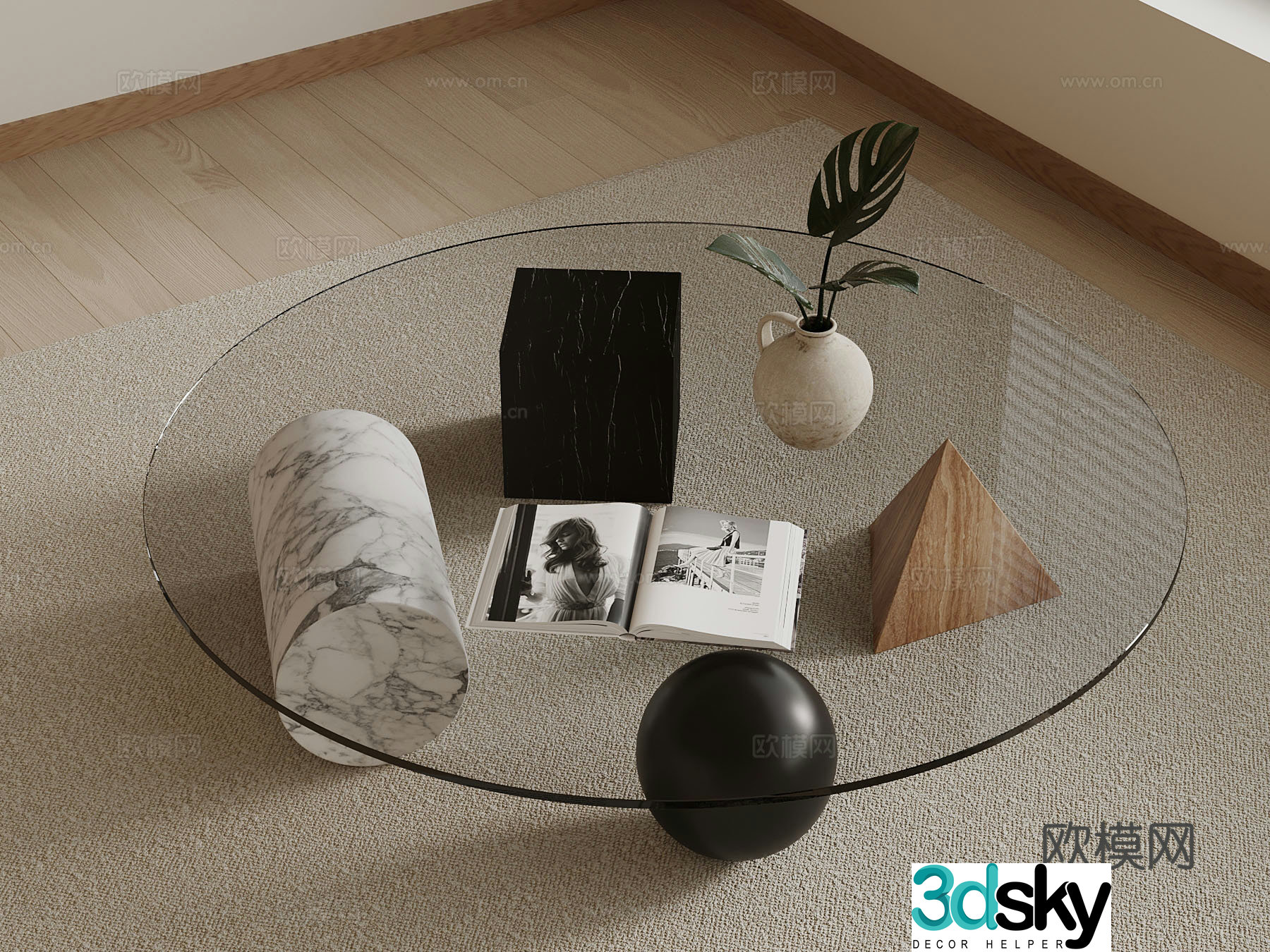 Modern glass coffee table potted ornaments 3D model
