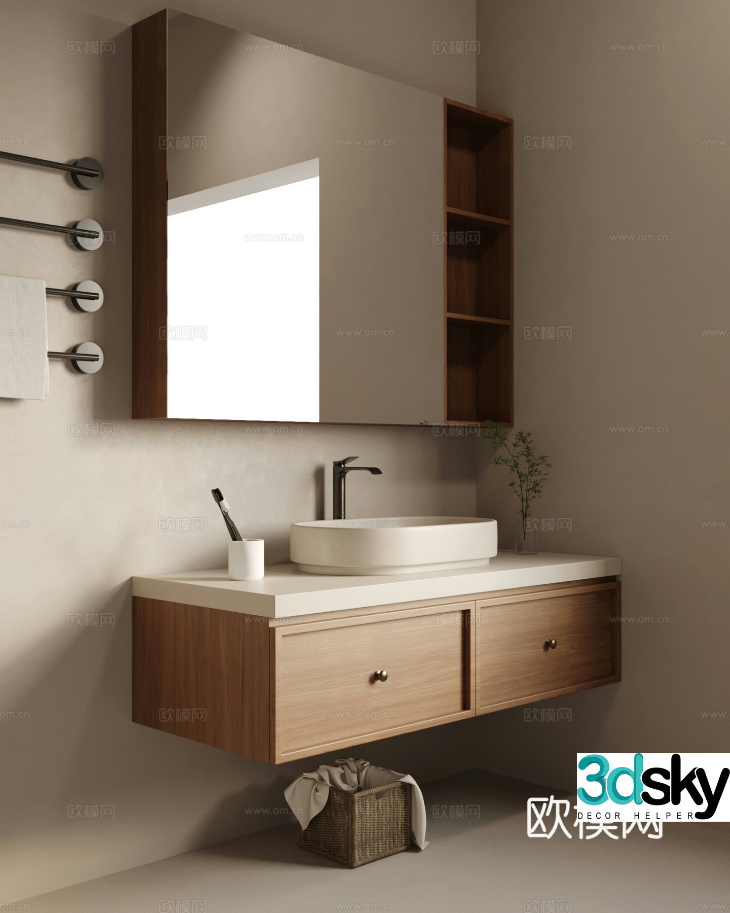 Middle-aged bathroom cabinet towel rack storage basket 3D model