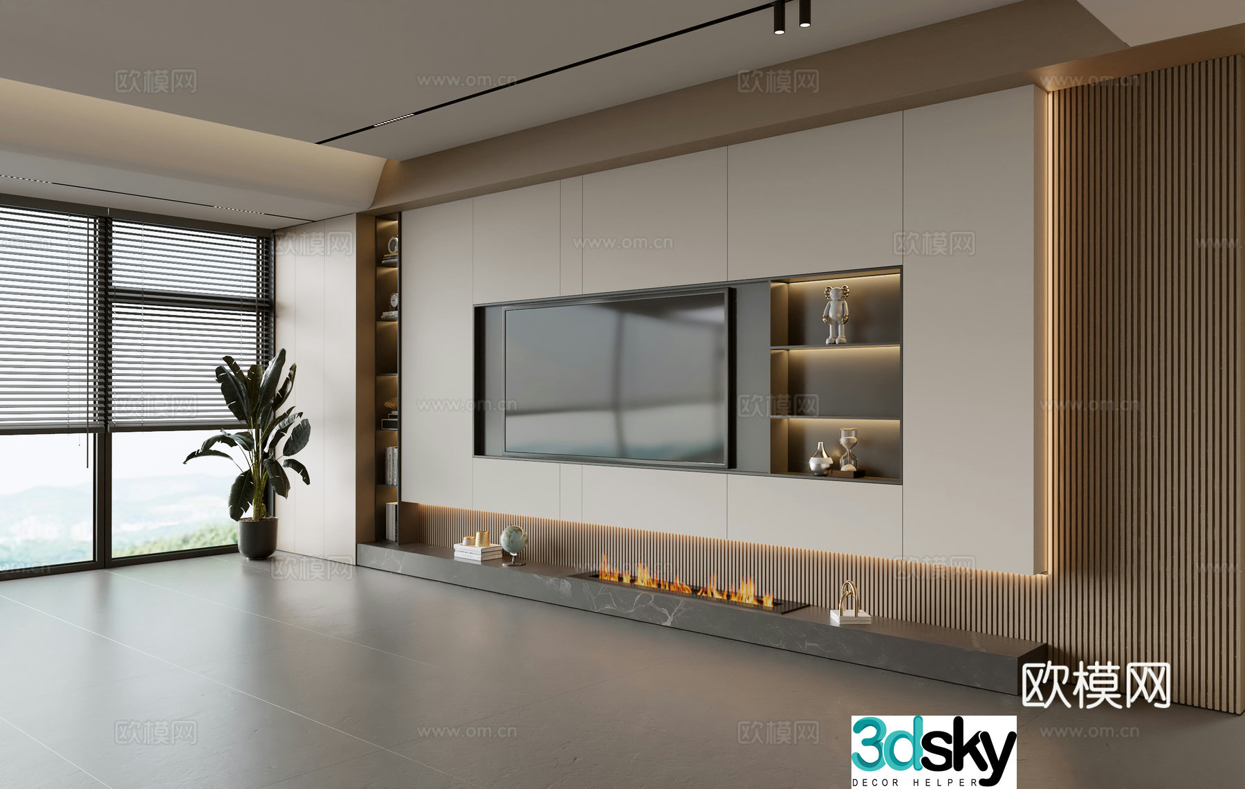 Modern TV background wall modern ornament balcony cabinet living room cabinet wood veneer background wall 3d model
