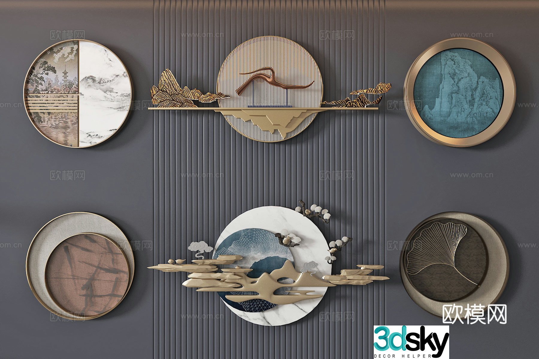 New Chinese style light luxury wall decoration pendant three-dimensional painting art installation 3d model