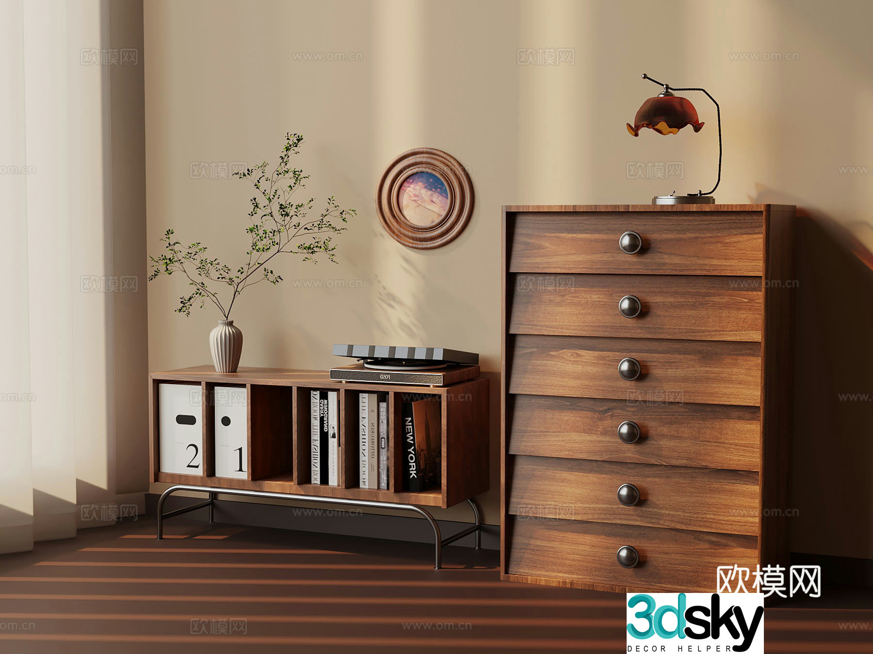 Middle-aged style chest of drawers side cabinet high cabinet 3D model