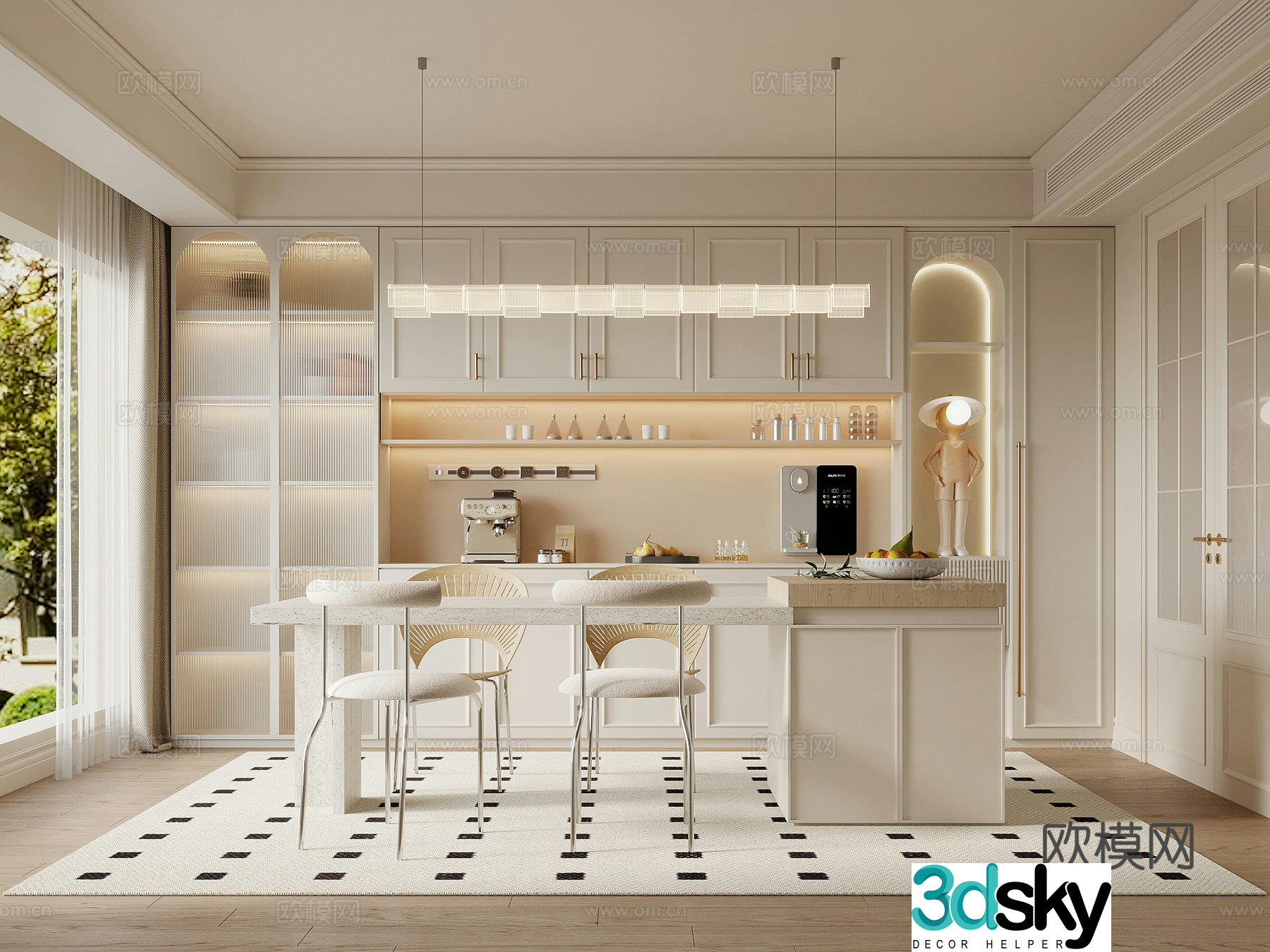 French cream restaurant wine cabinet sideboard dining table island 3D model