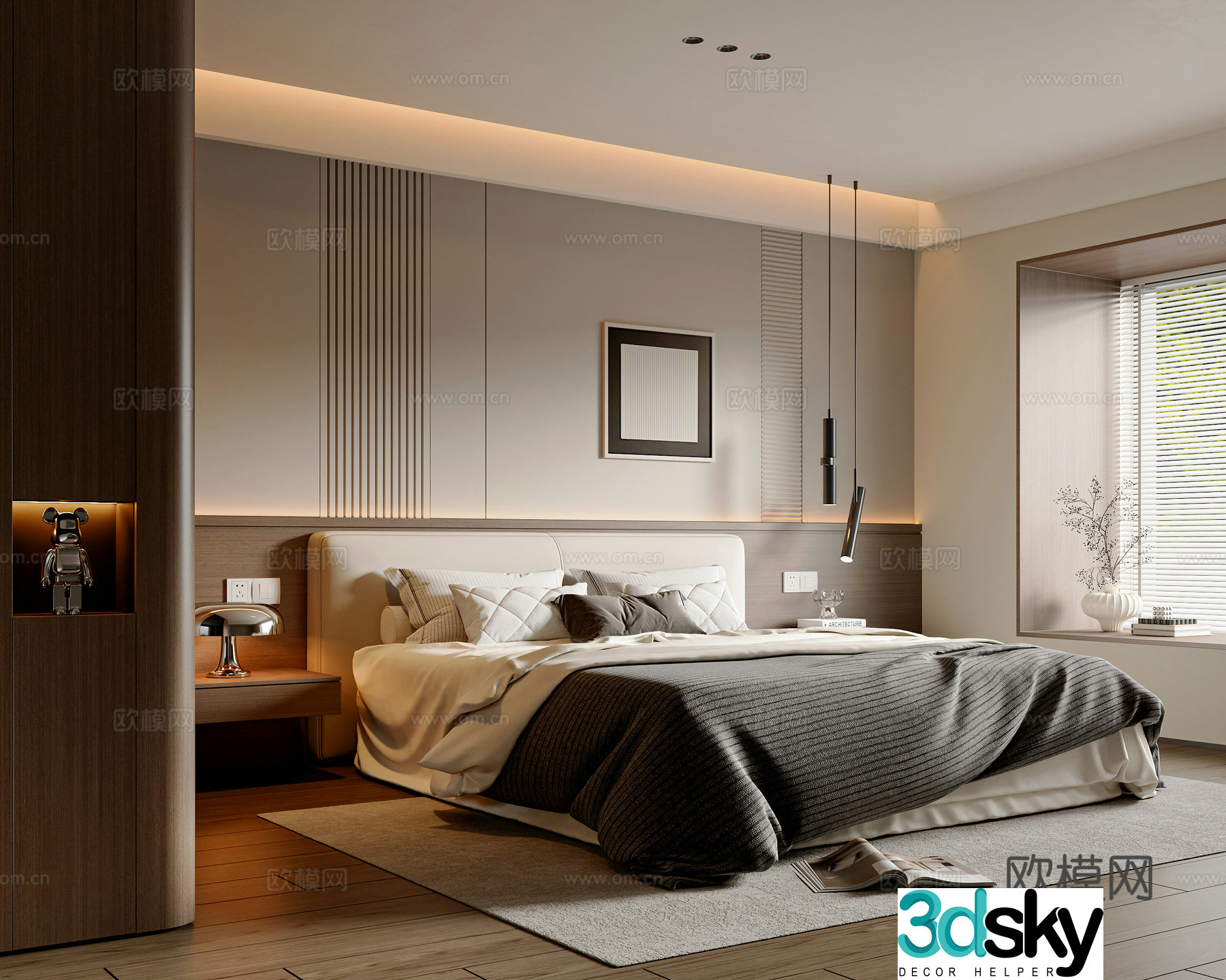 Modern simple bedroom fabric double bed bedroom painting wardrobe desk lamp chandeliers 3d model