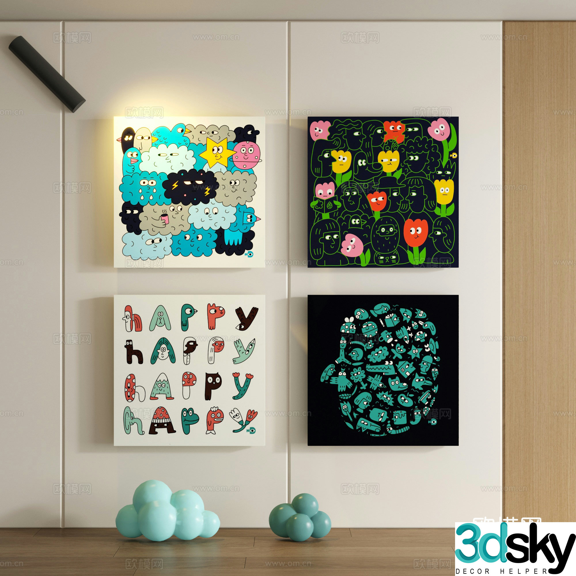 Modern children cartoon doodle decorative painting 3d model
