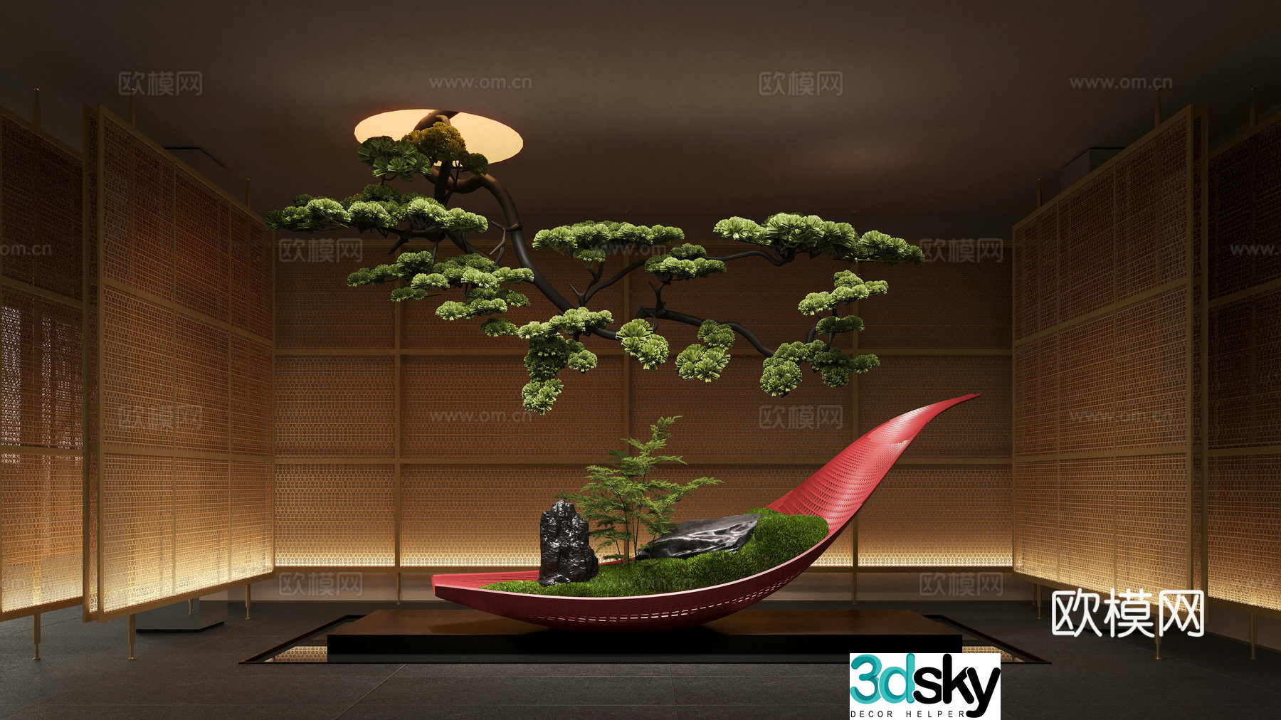 New Chinese indoor landscaping plant installation landscape landscaping 3D model of upside down pine trees