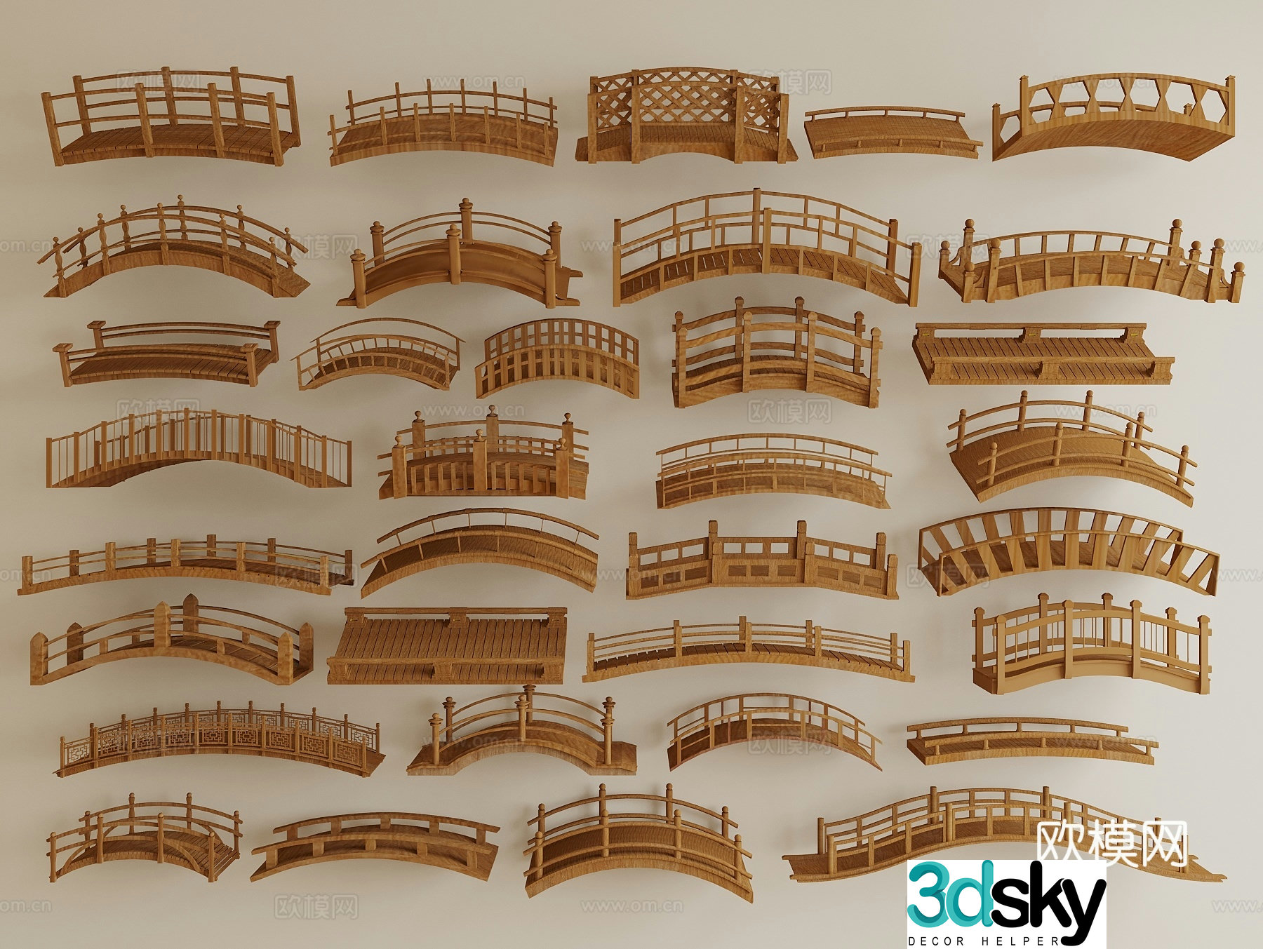 New Chinese-style landscape bridge wooden bridge wooden plank road trestle arch bridge 3D model