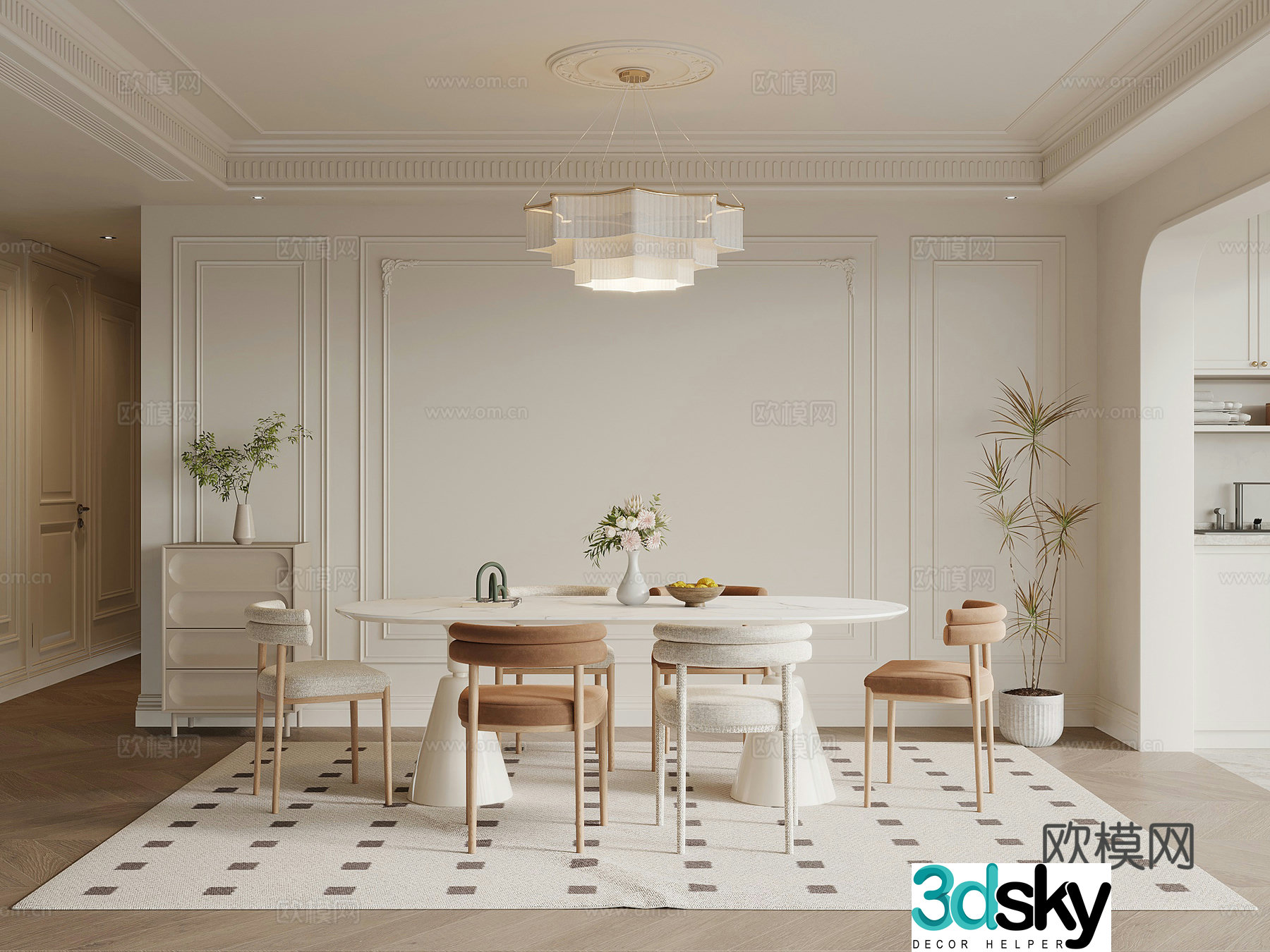 French cream style restaurant dining table and chair combination 3D model