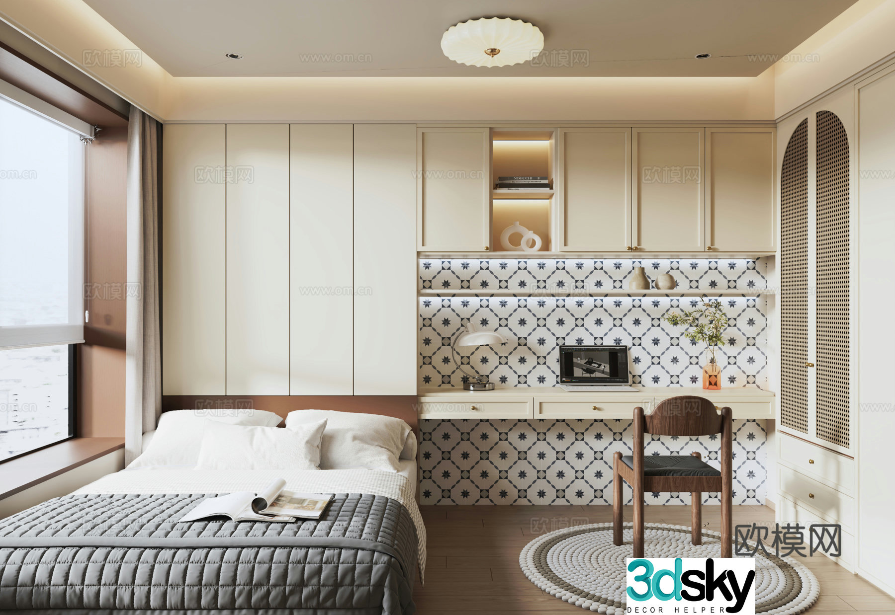 Modern medieval style tatami bedroom wardrobe writing desk bookcase ceiling lamp single bed 3d model