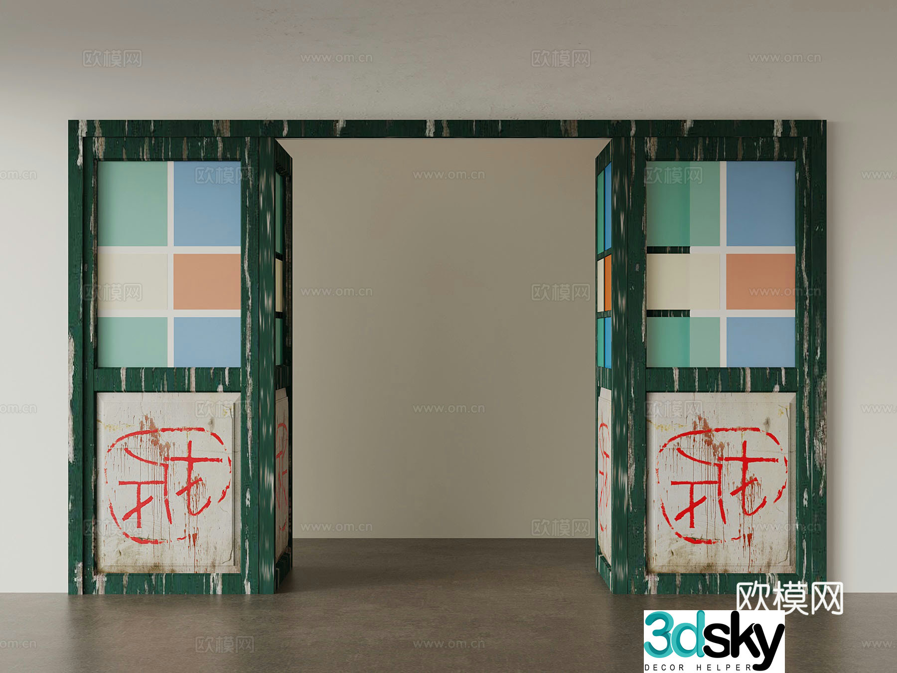 Modern retro style double-opening door old wooden door 3d model
