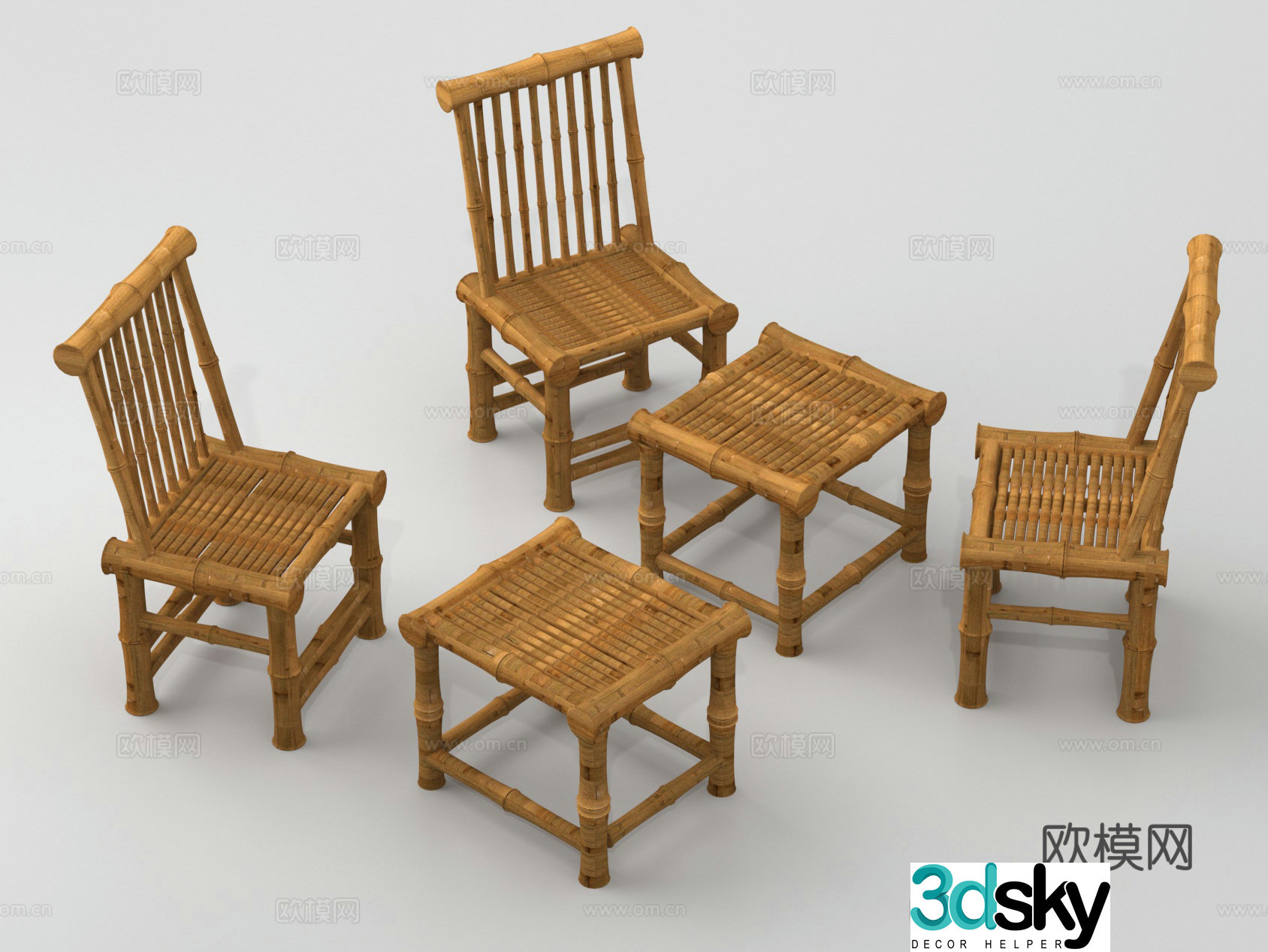 Leisure table and chairs bamboo weaving table and chairs outdoor bamboo chairs 3D model