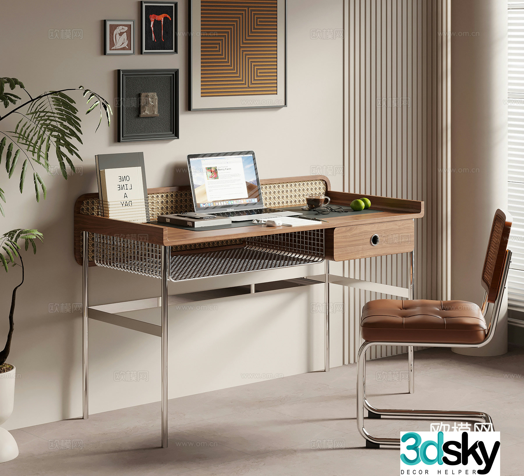 Middle style writing desk computer desk desk chair chair 3d model
