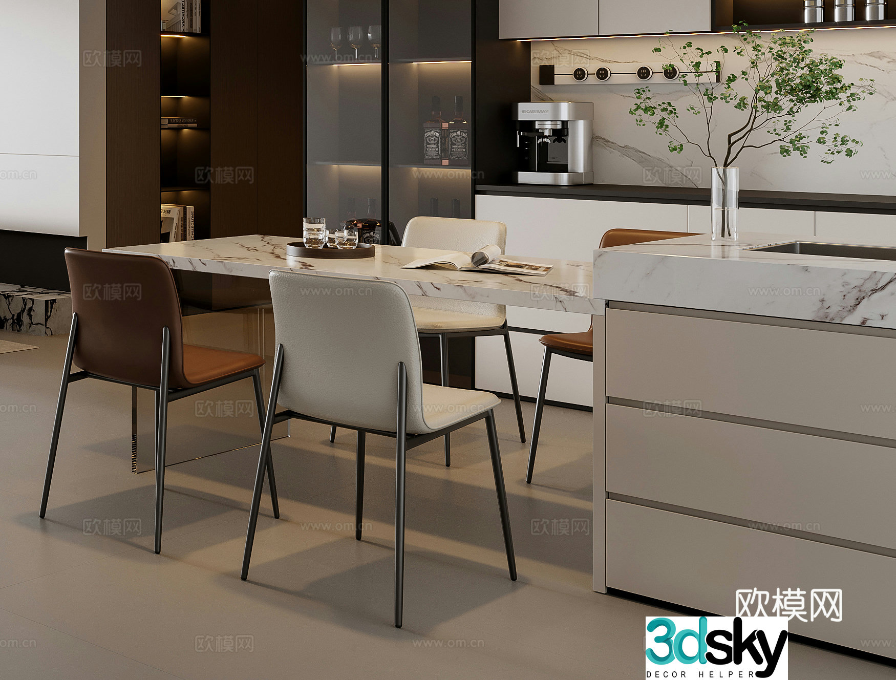 Modern dining table and chair combination 3D model