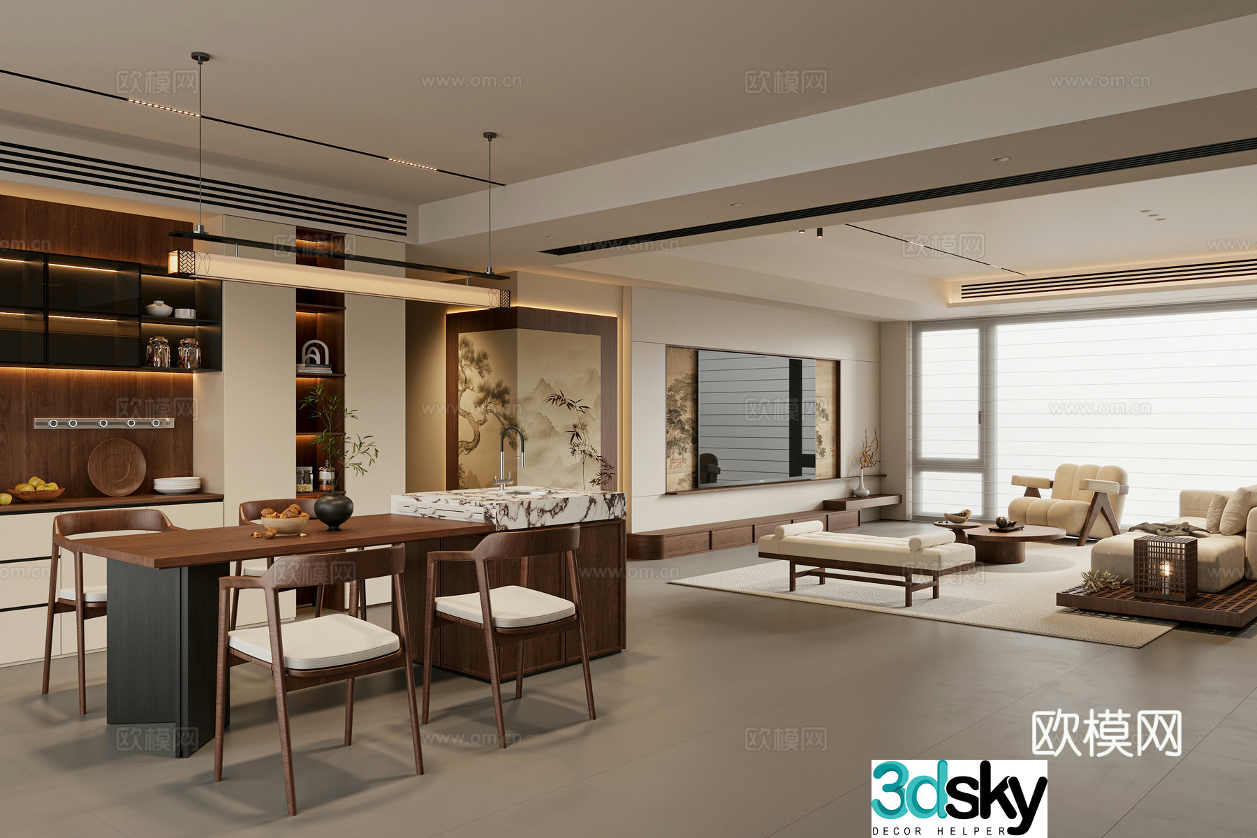 New Chinese Song style style restaurant island sideboard sofa coffee table combination TV cabinet 3D model