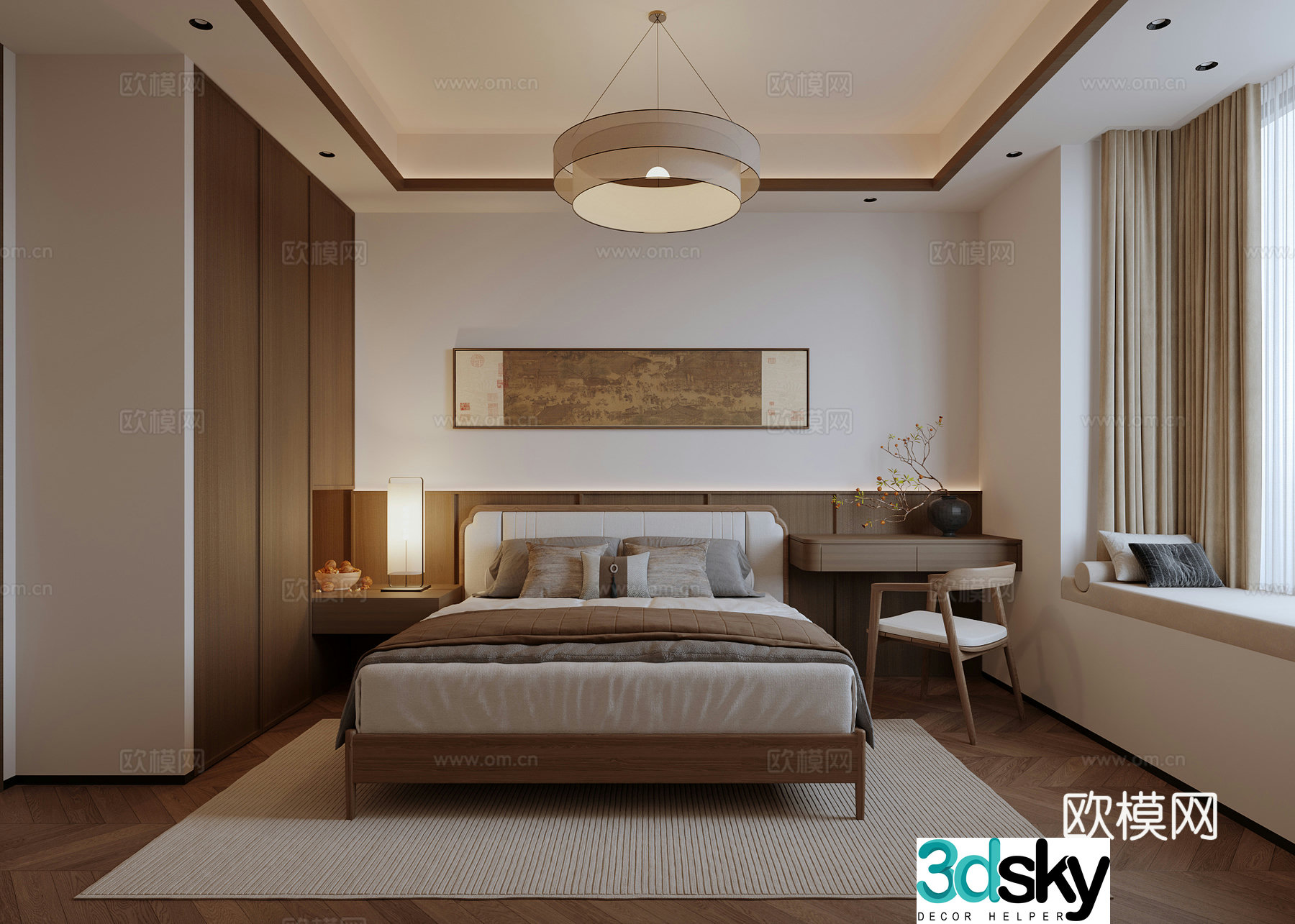 New Chinese style Song’s master bedroom wardrobe chandelier hanging picture desk makeup desk 3D model