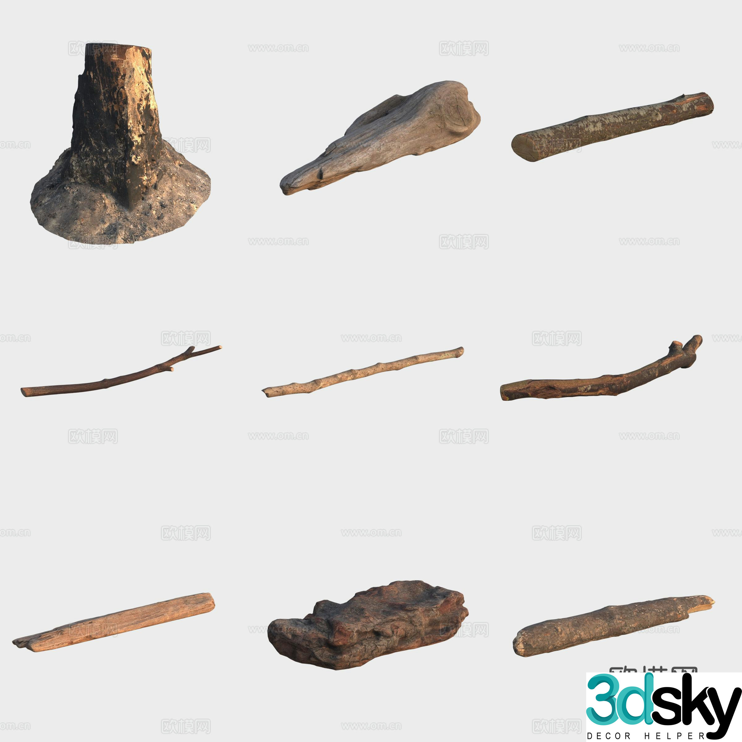 3d model of trunk branches stump