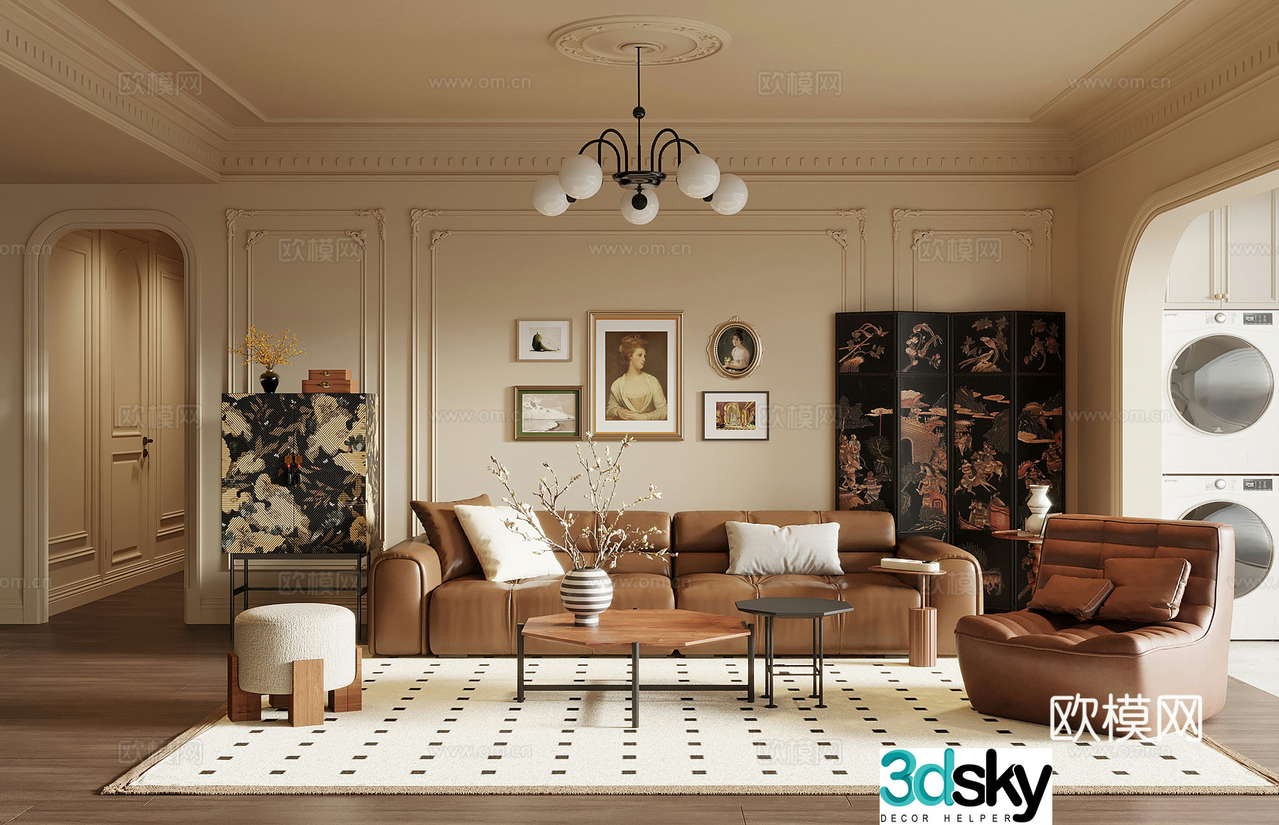 French retro style living room sofa background wall sofa coffee table combination 3D model