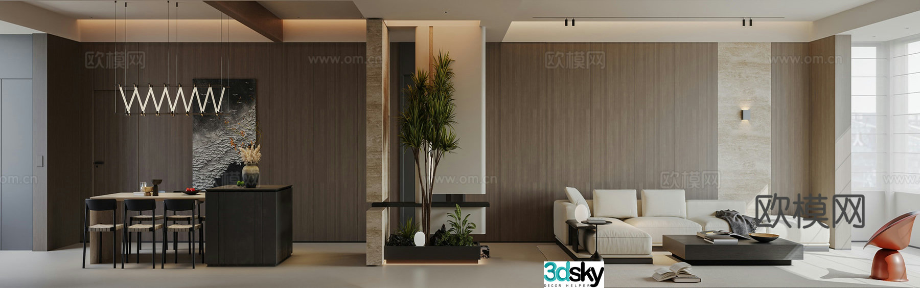Modern light luxury living and dining room 3D model