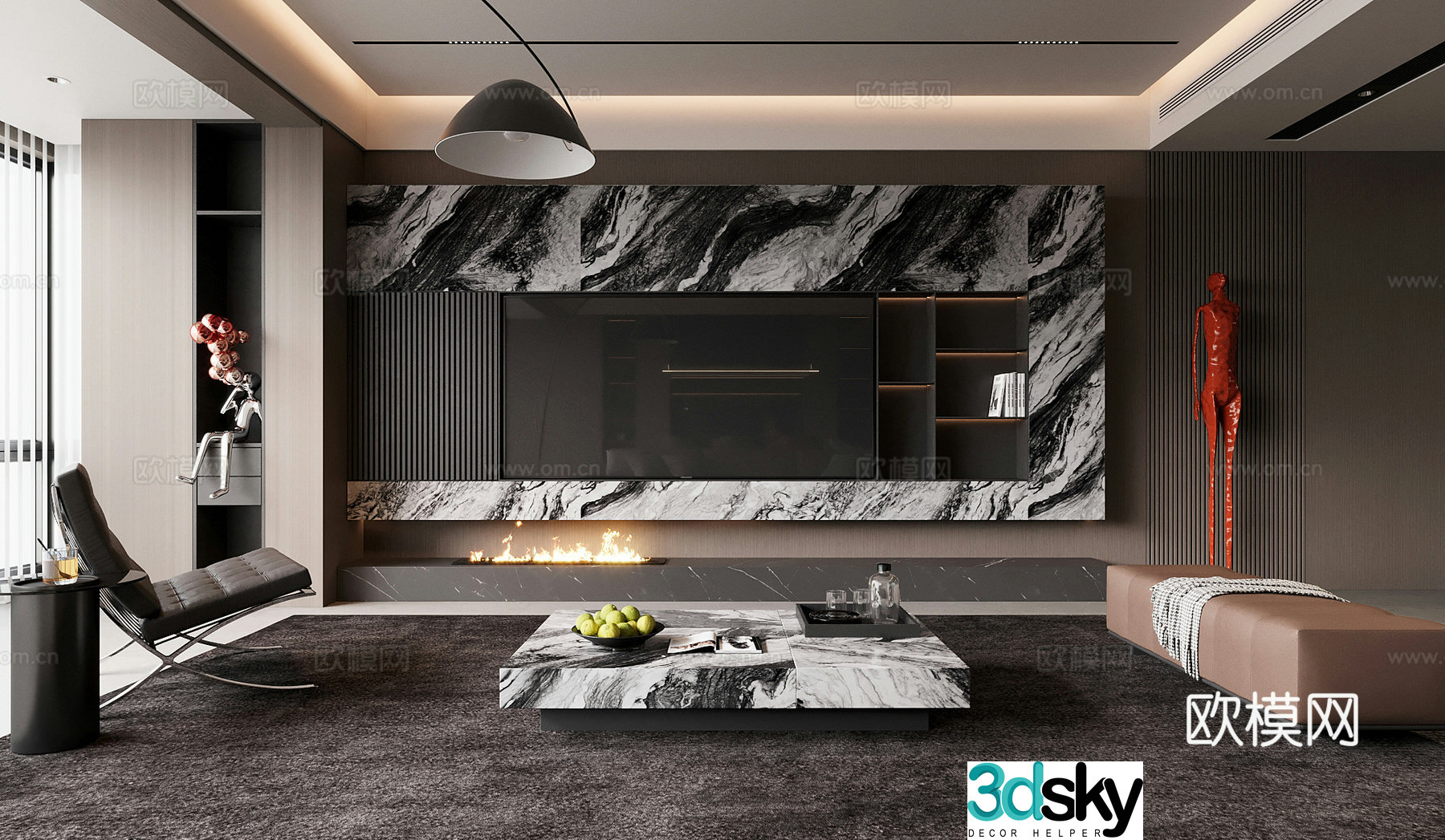 Italian minimalist living room TV background wall sofa coffee table combination 3D model
