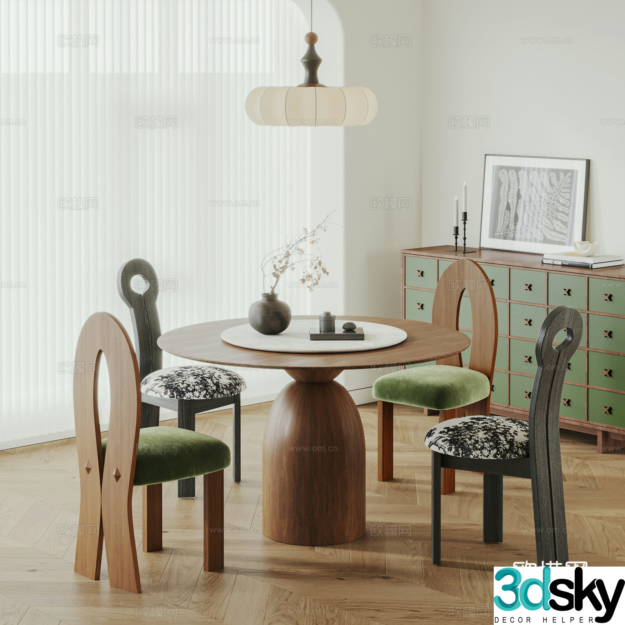 Medium style dining table and chair combination Medium style restaurant Round dining table Solid wood dining chair French dining chair 3D model