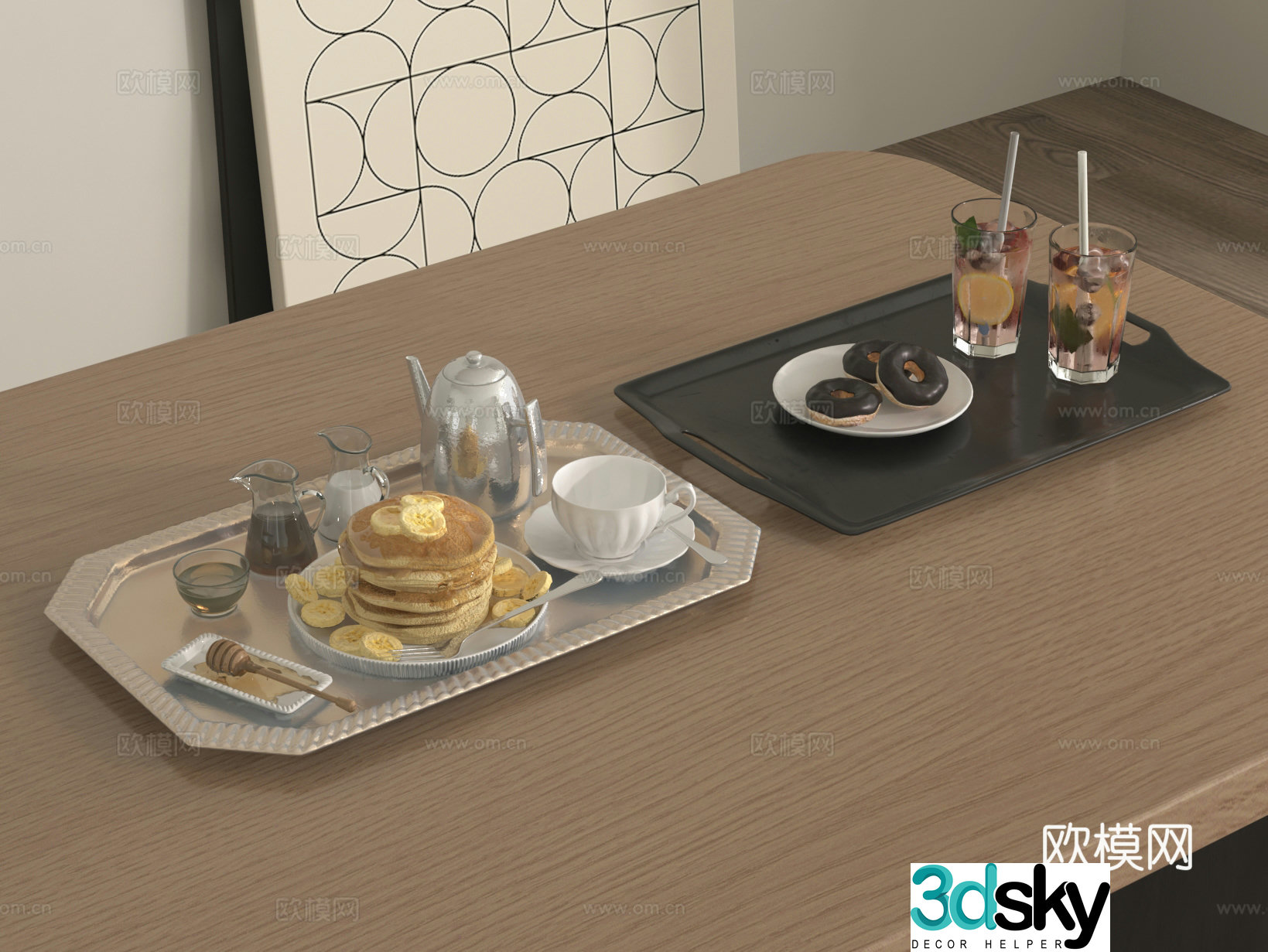 Dinner plate coffee pot coffee cup water cup tray dessert 3d model