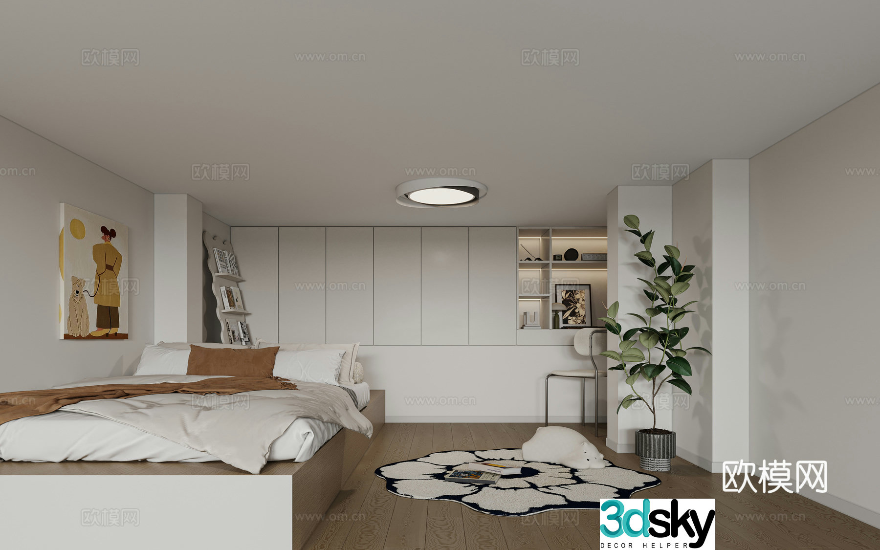 Creamy style simple bedroom 3d model