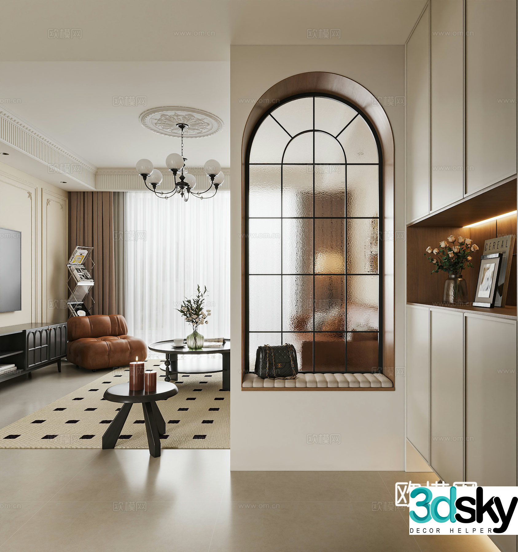 French foyer porch retro glass partition French foyer background foyer partition door shoe cabinet 3D model