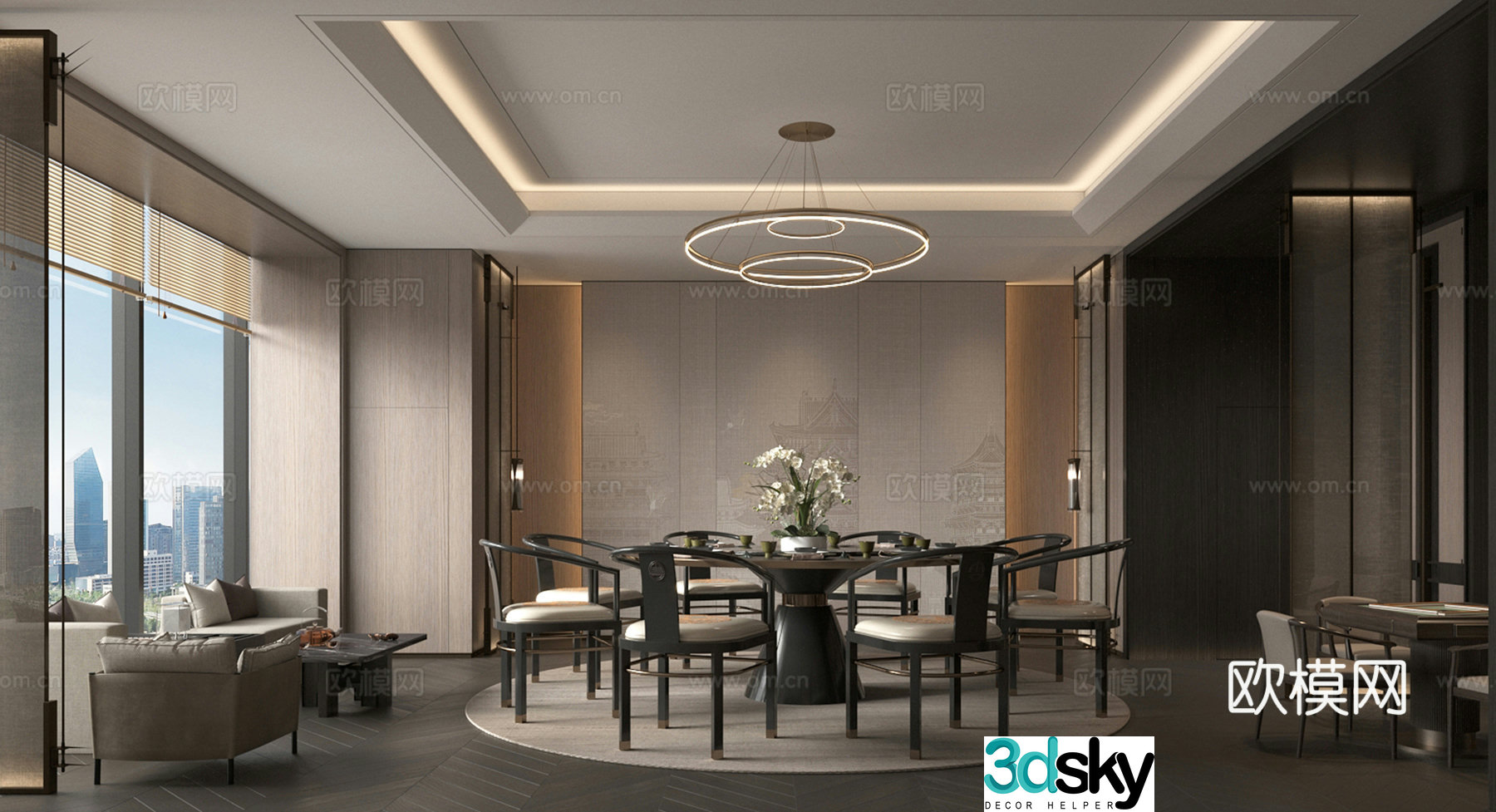 New Chinese restaurant private room Restaurant private room Dining table and chair combination Chandelier 3D model