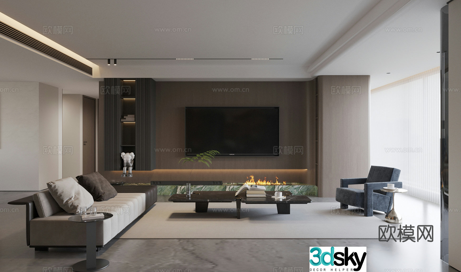 Italian home living room large and small living room sofa and coffee table combination TV background wall 3D model