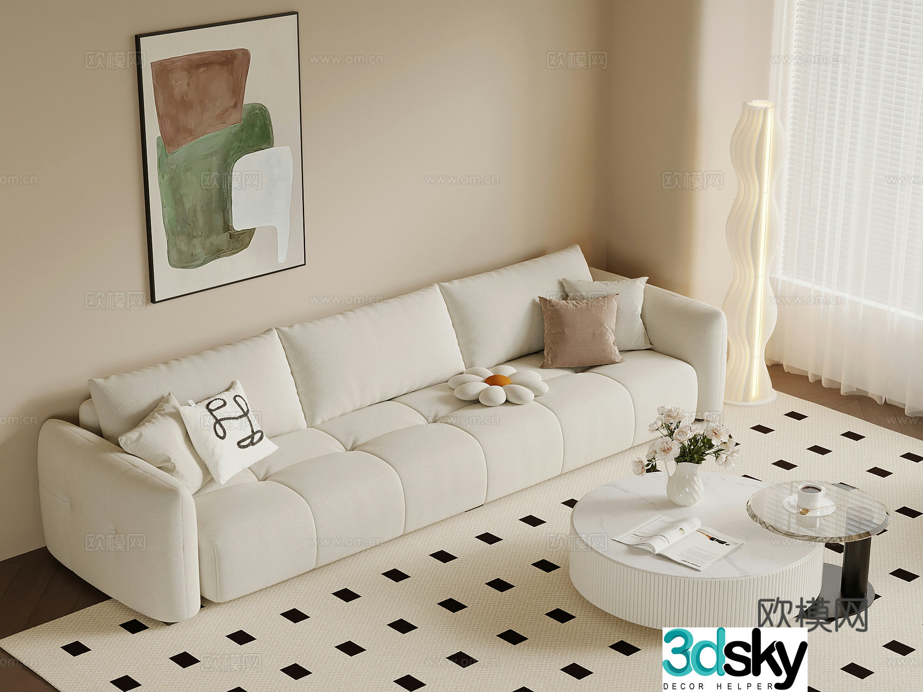 Cream style multi-person sofa fabric sofa coffee table hanging painting floor lamp 3d model